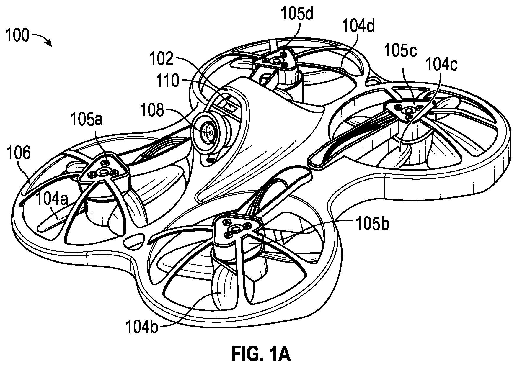 Patent US11780570 Figure 1 – Unmanned aerial vehicle with object detection propeller stoppage