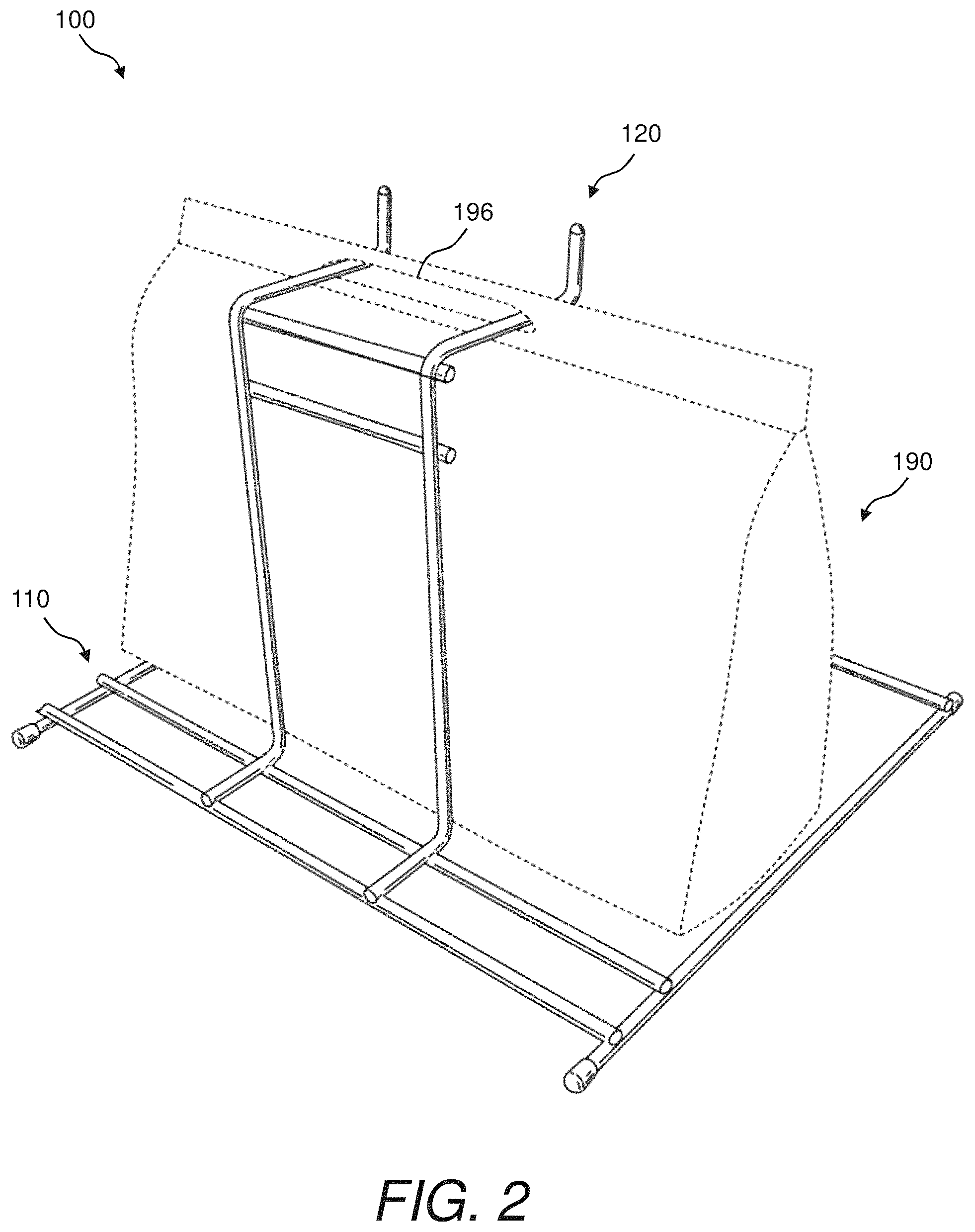 Patent US11780629 Figure 2 – Bag rack and method of using same
