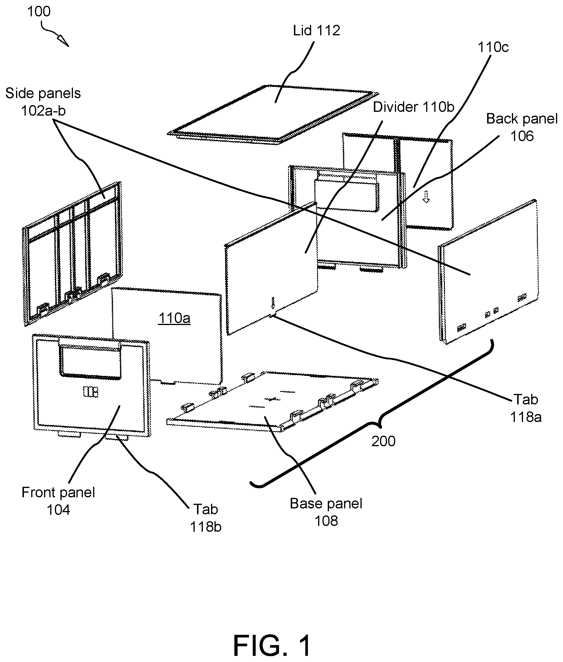 Patent US11780644 Figure 1 – Multiconfigurable, collapsible, modular tote container