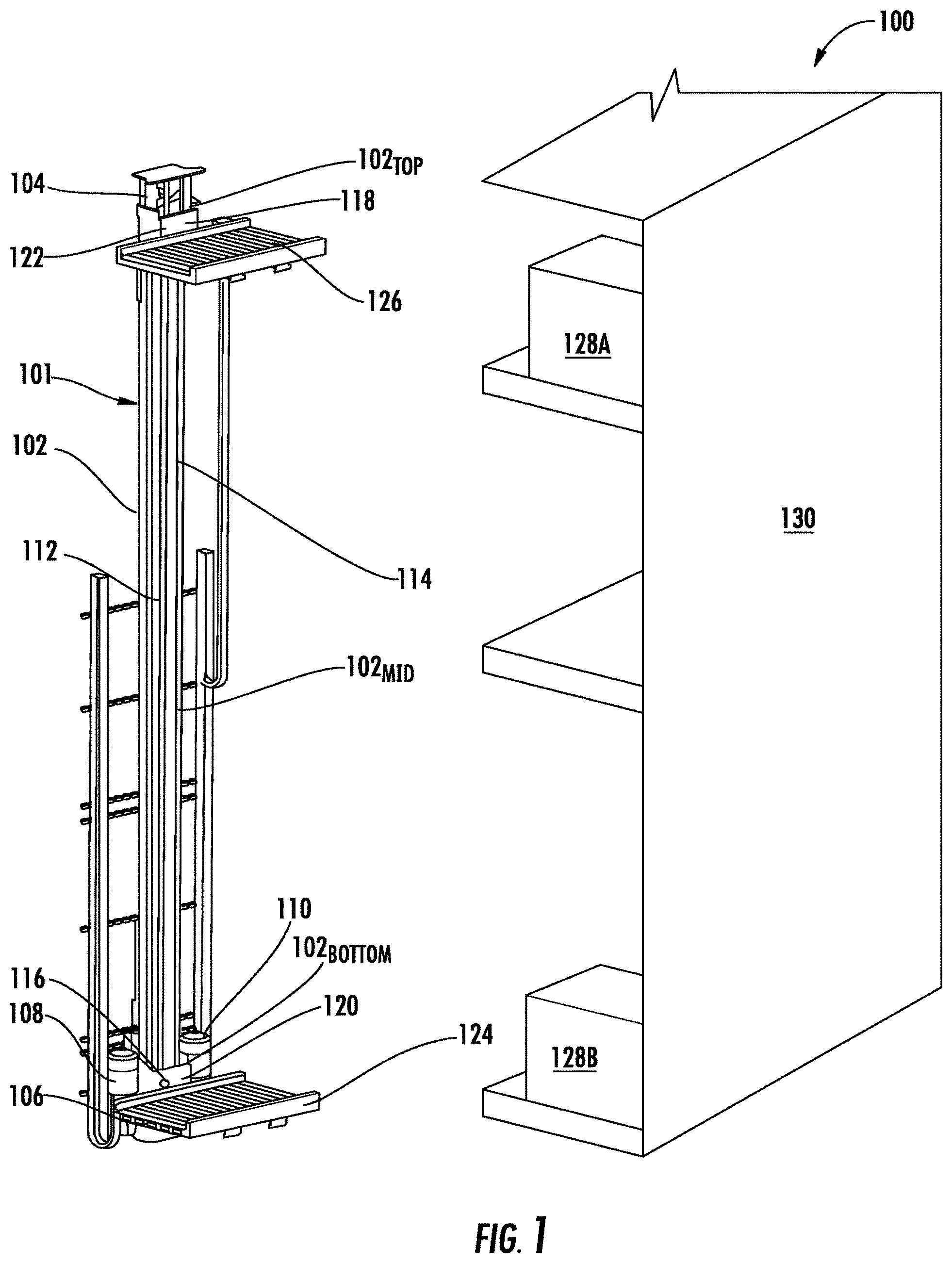 Patent US11780675 — Carriage lift assembly for storage handling and article retrieval — Figure 1