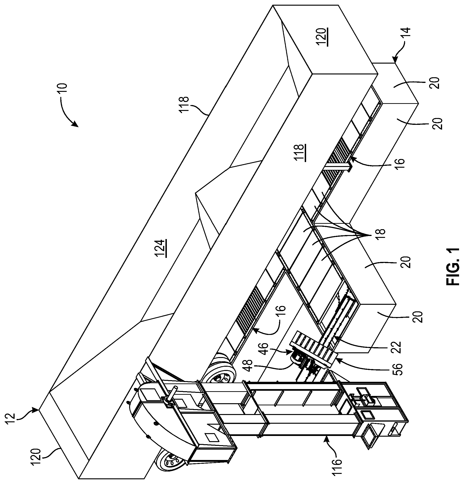 Patent US11780690 — Single drive dual hopper conveyor system — Figure 1