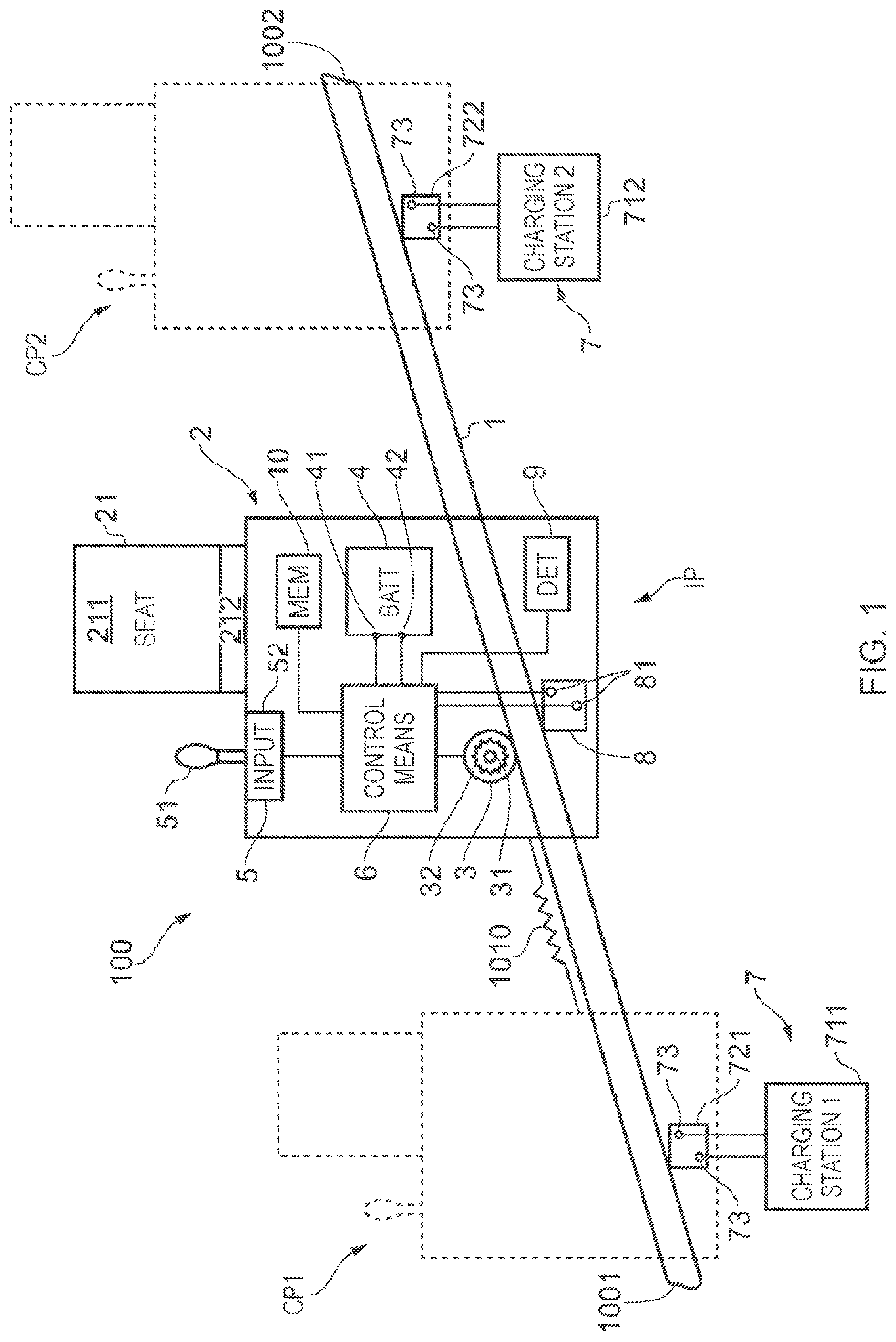 Patent US11780708 — Power management of a battery of a stair lift system — Figure 1