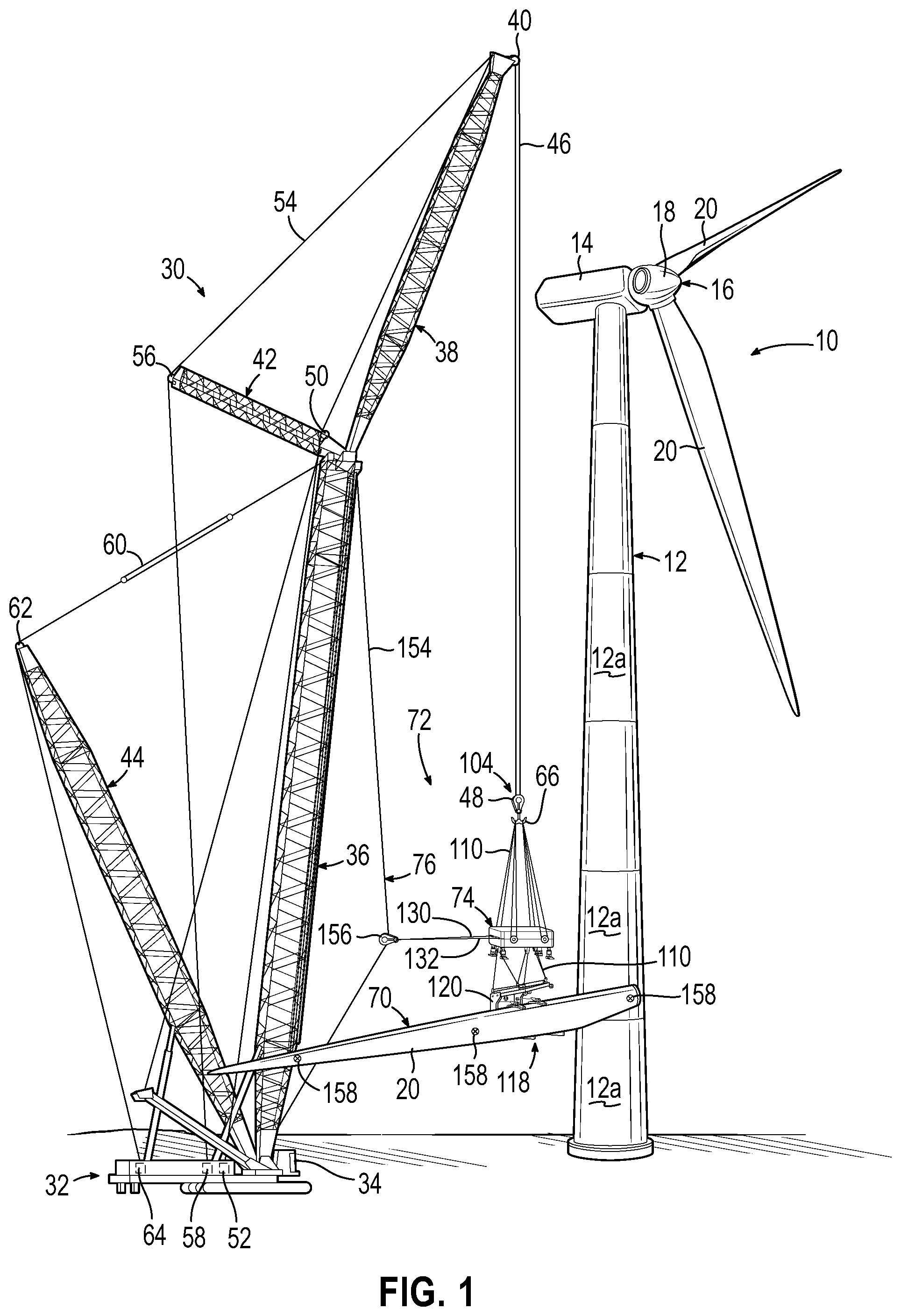 Patent US11780711 Figure 1 – Automated tagline control system and method of handling a wind turbine component using the automated tagline control system
