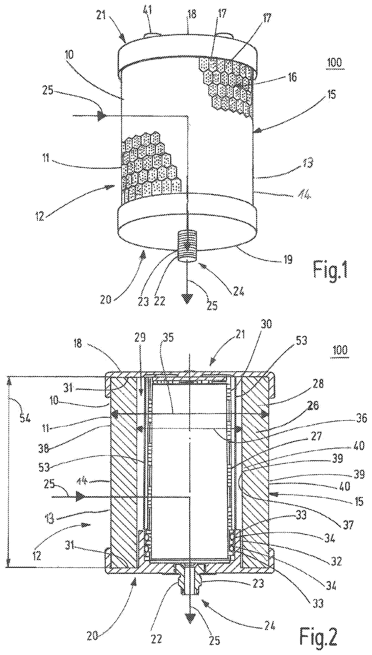Patent US11780747 Figure 1 – Filter device particularly filter cartridge for water filters in aircraft