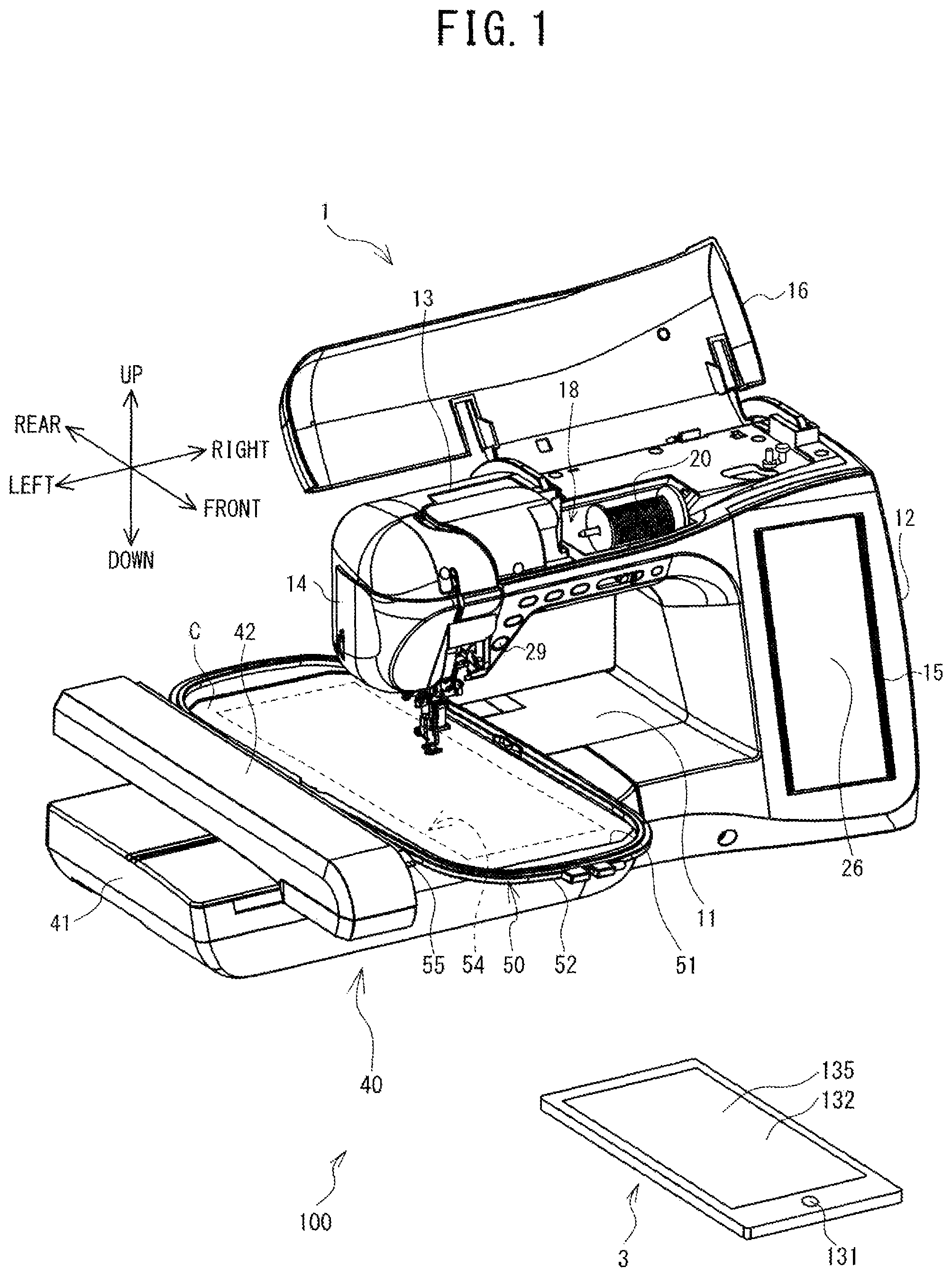 Patent US11781255 — Non-transitory computer-readable storage medium, embroidery pattern displaying device, and method — Figure 1