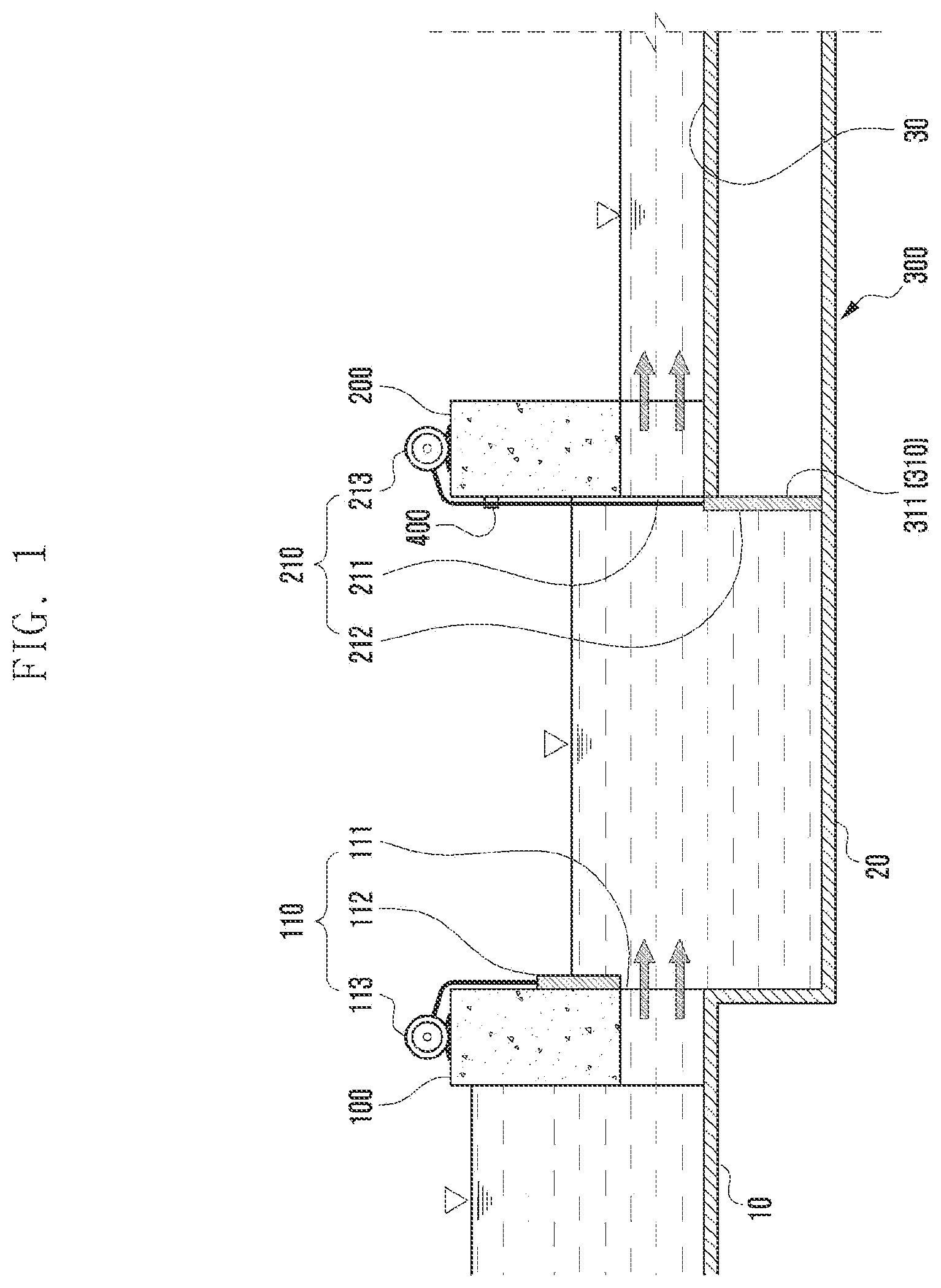Patent US11781277 — Dam with auxiliary dam and underground water path — Figure 1