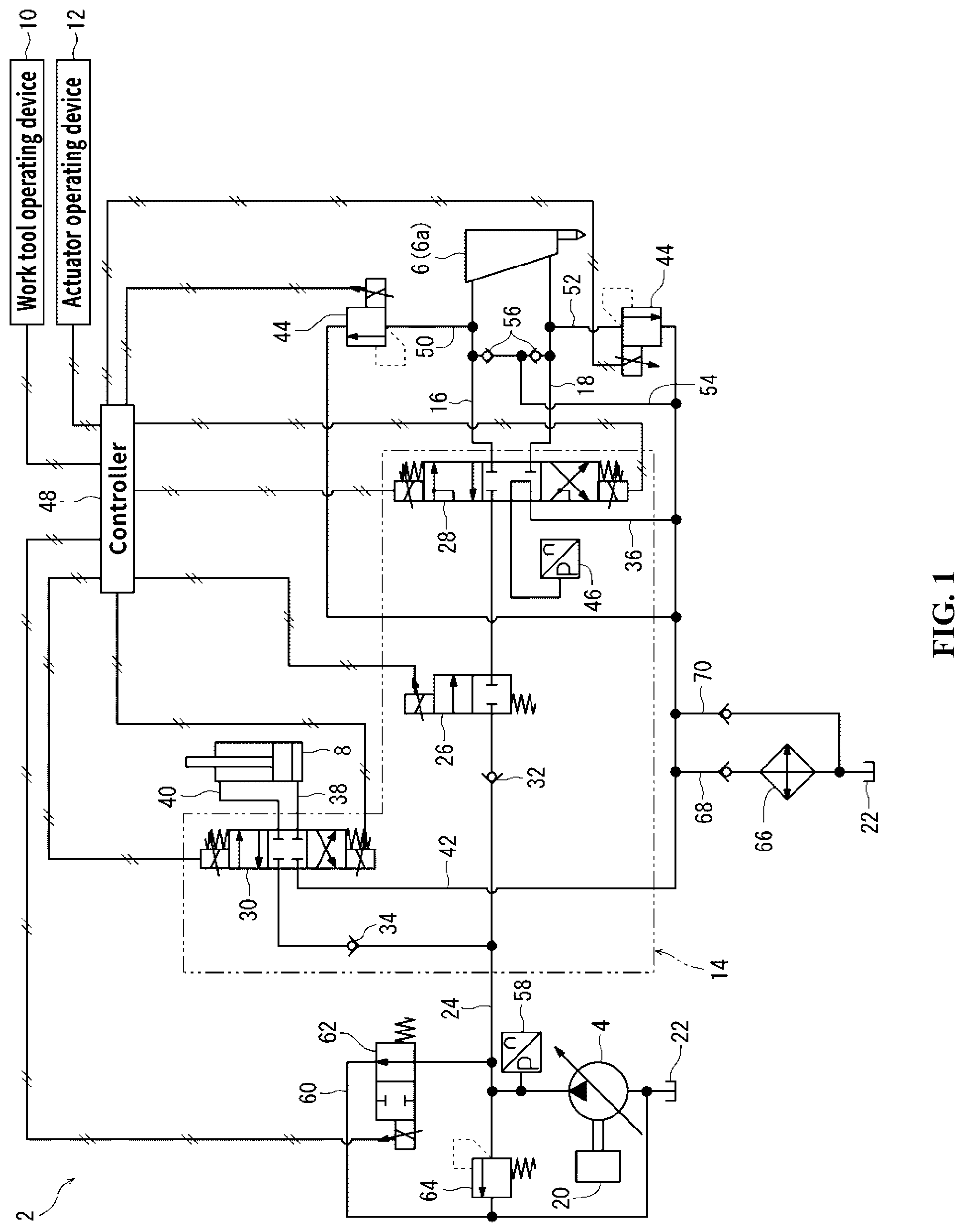 Patent US11781287 — Hydraulic circuit for a construction machine — Figure 1