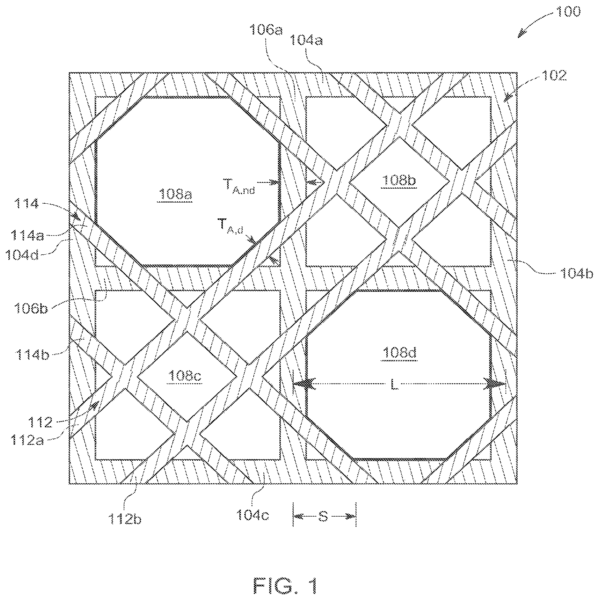 Patent US11781307 — Structural design principles for diagonal bracings in truss and beam support systems — Figure 1