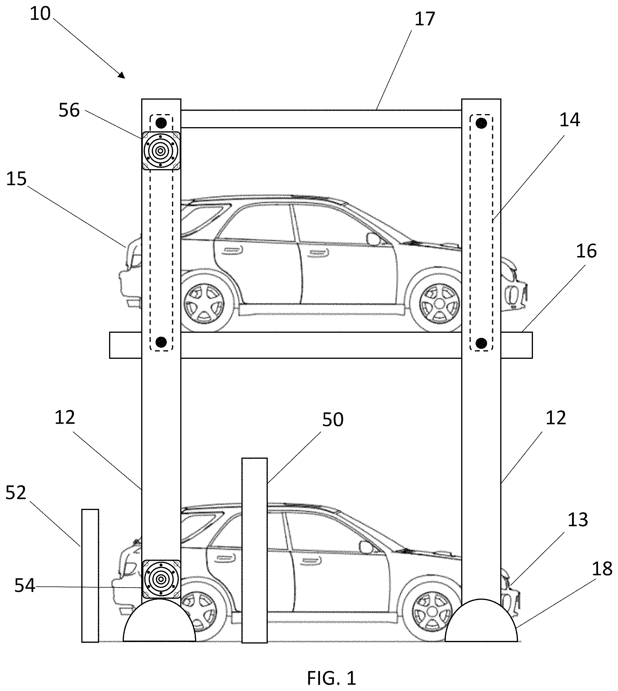 Patent US11781335 Figure 1 – Apparatus and system for multi-level parking