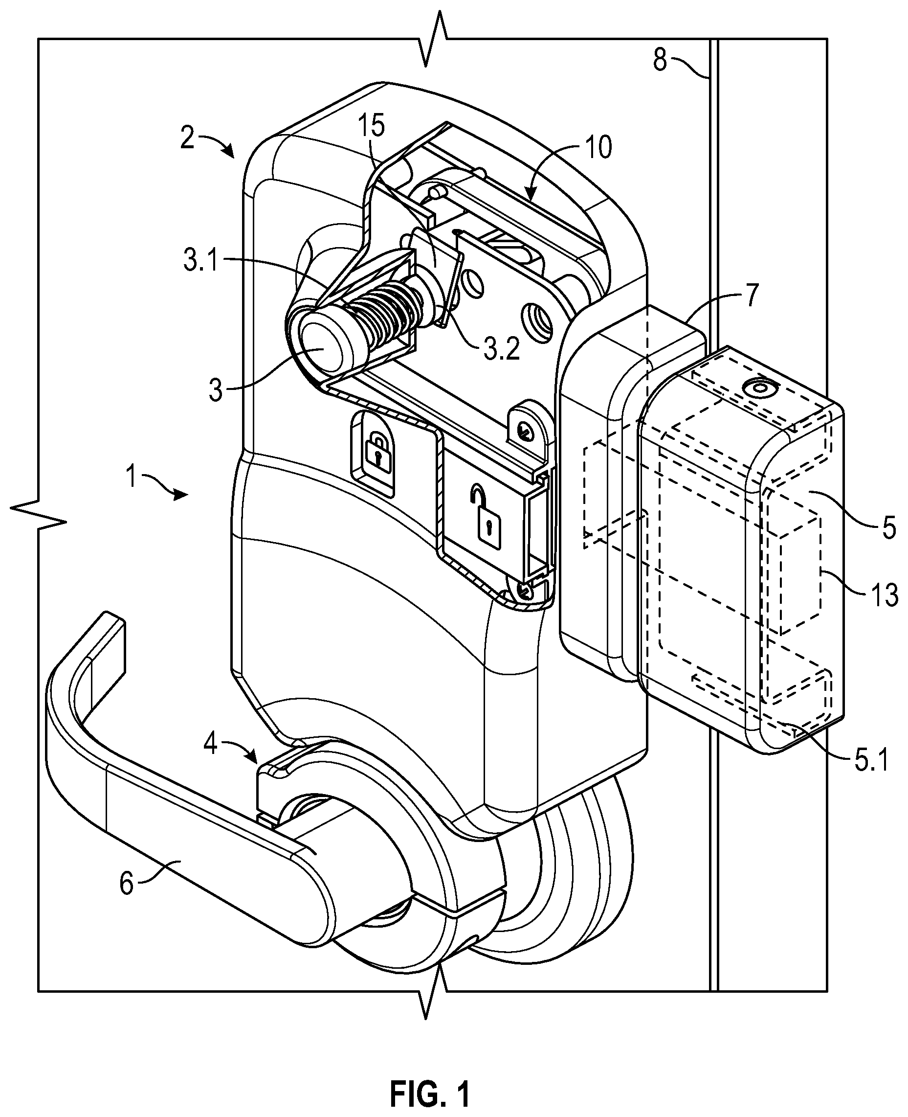 Patent US11781347 — Lock assembly on a security door — Figure 1