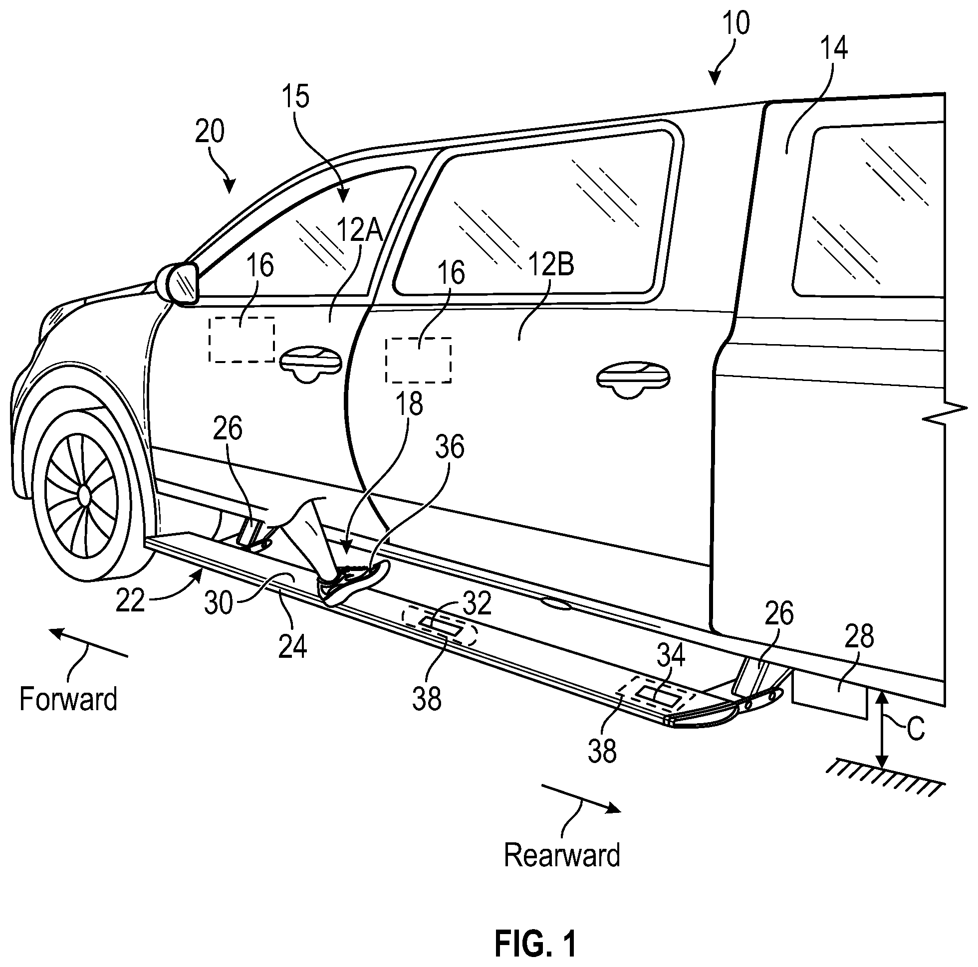 Patent US11781369 — Running board activated vehicle powered closure member systems — Figure 1