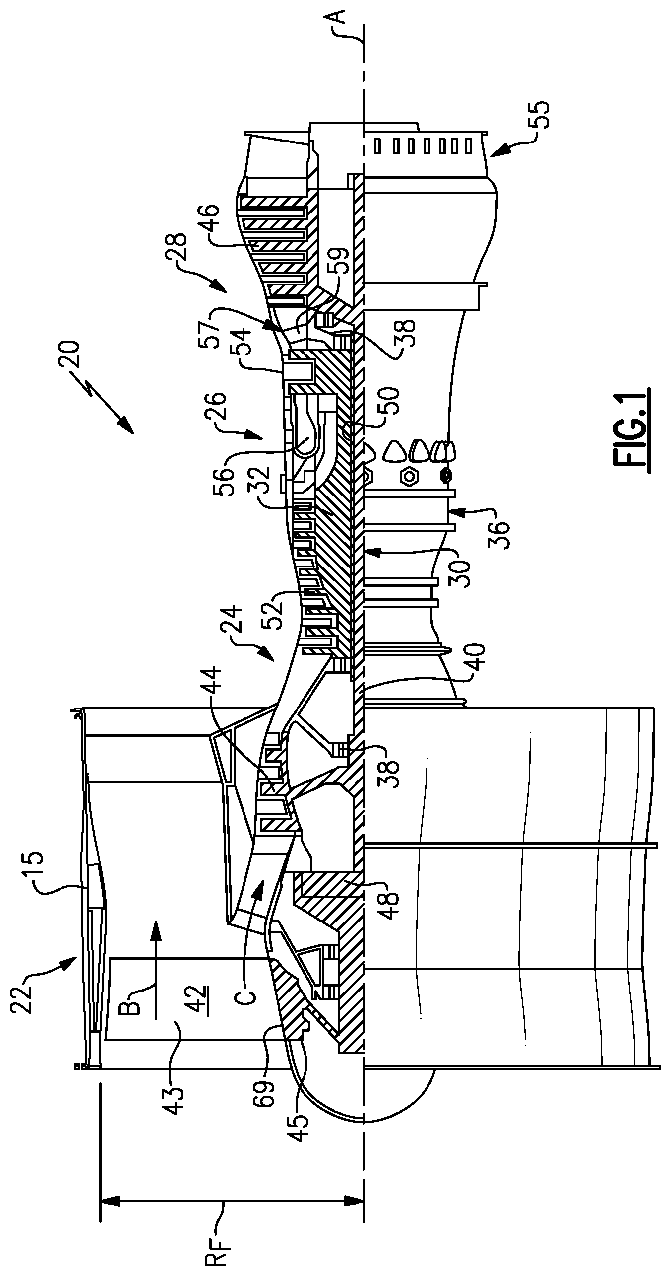 Patent US11781436 — Hybridized airfoil for a gas turbine engine — Figure 1