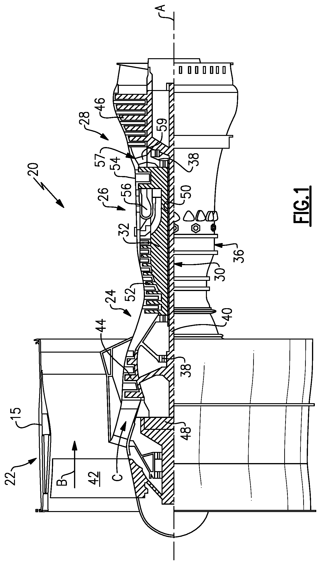 Patent US11781440 — Scalloped mateface seal arrangement for CMC platforms — Figure 1