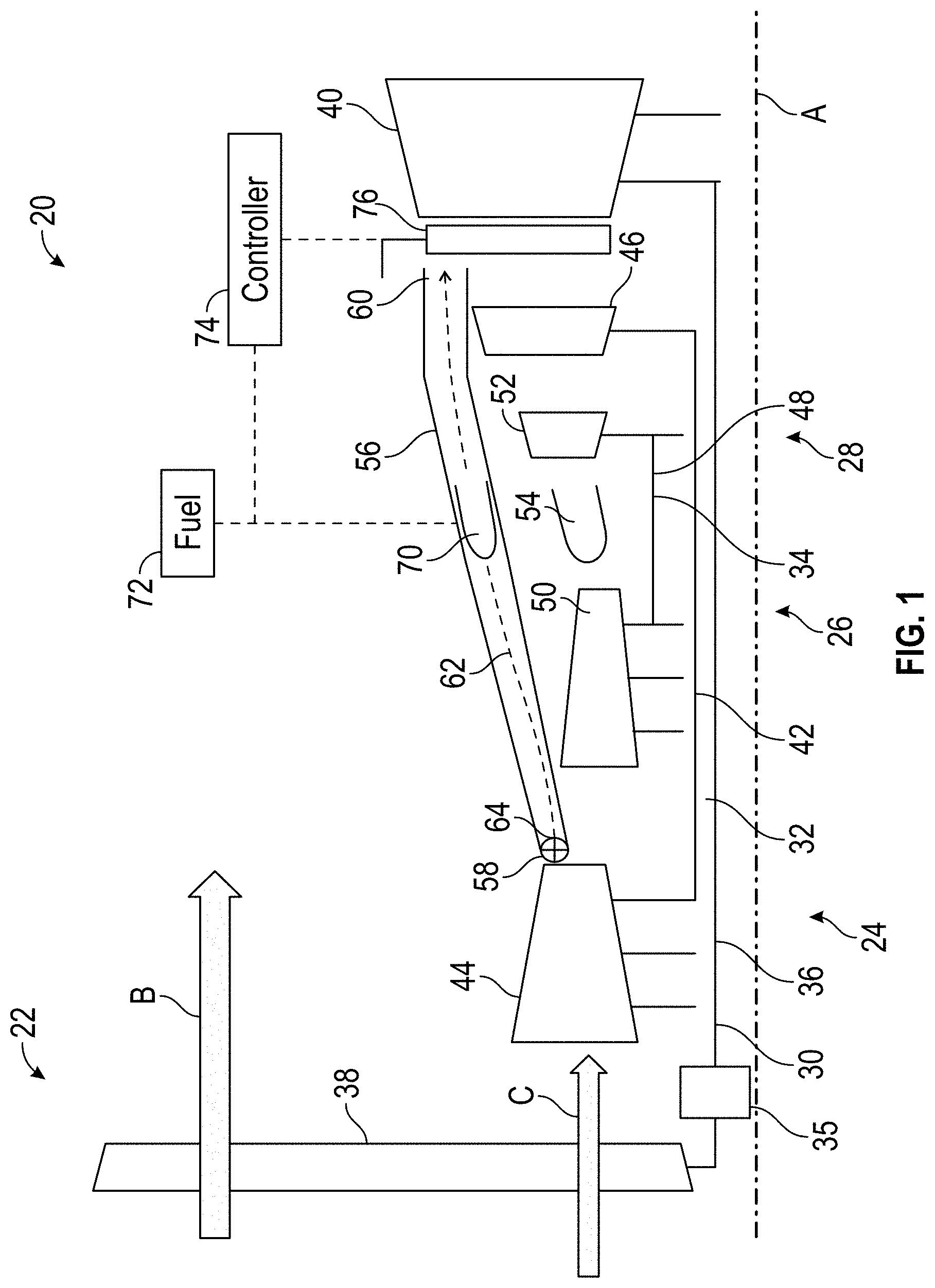 Patent US11781479 — Turbofan gas turbine engine with combusted compressor bleed flow — Figure 1