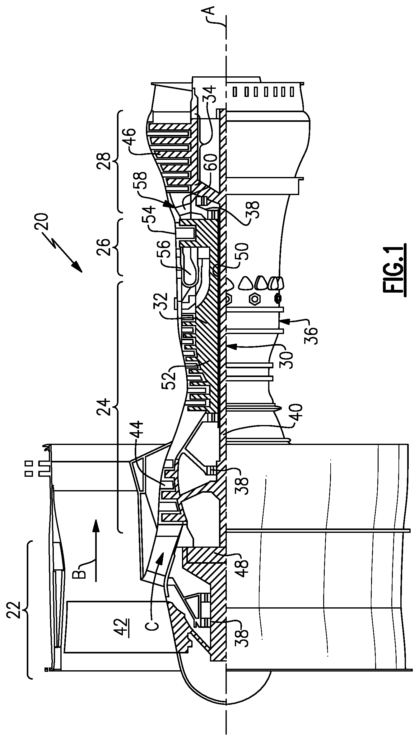 Patent US11781490 — Operability geared turbofan engine including compressor section variable guide vanes — Figure 1