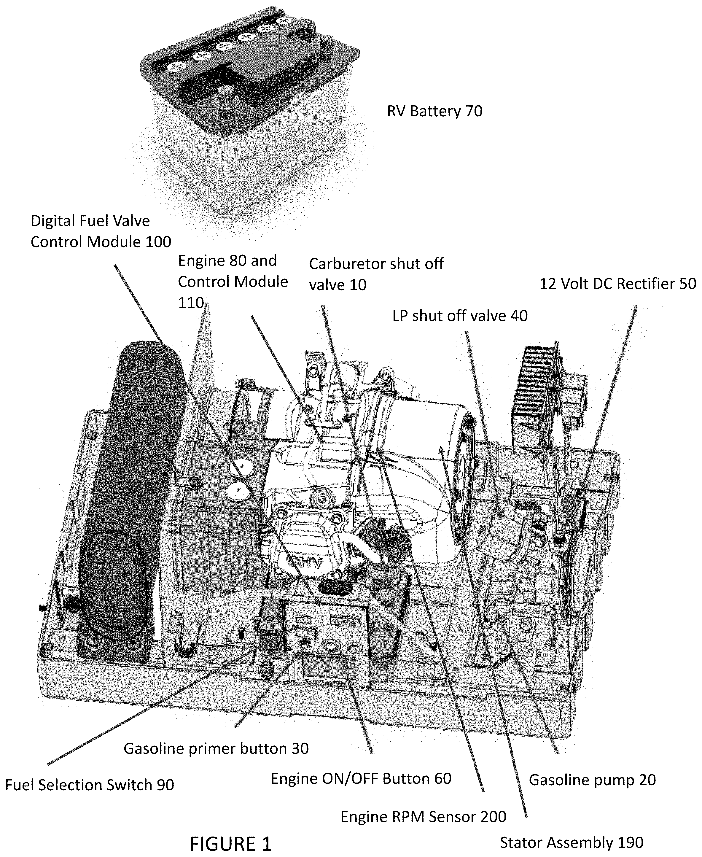 Patent US11781495 Figure 1 – Dual fuel system with electric battery for power generation