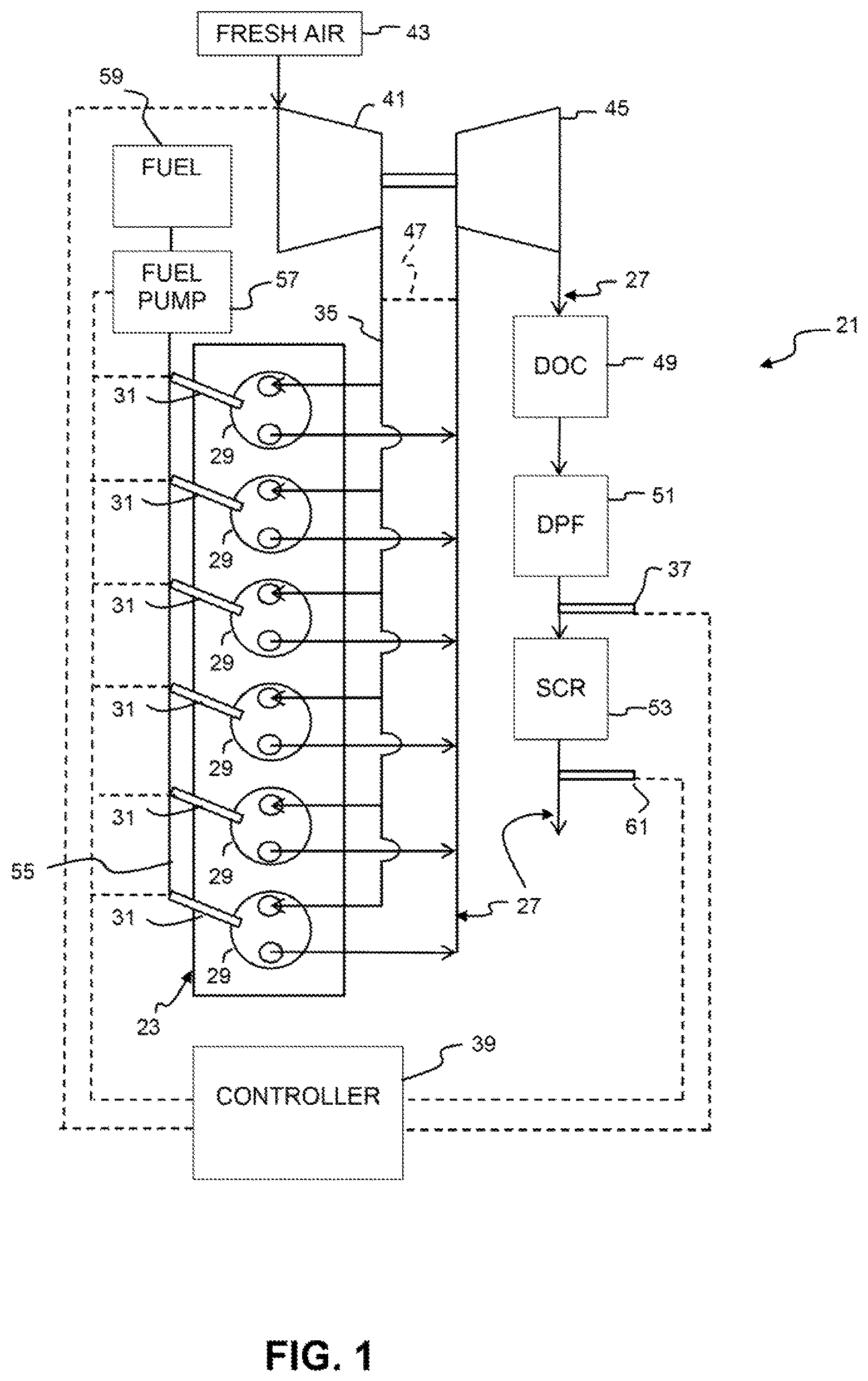 Patent US11781499 — Engine system with fuel system control arrangement and method for controlling fuel injection in an internal combustion engine — Figure 1