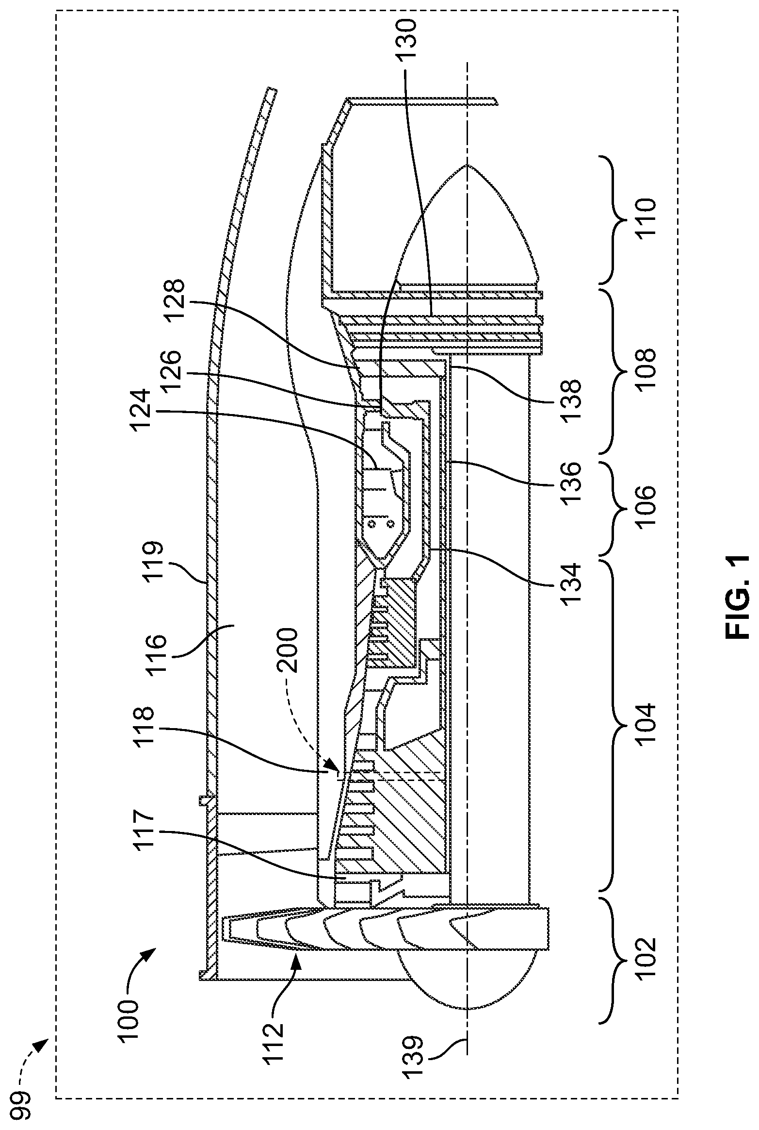 Patent US11781504 — Bleed plenum for compressor section — Figure 1