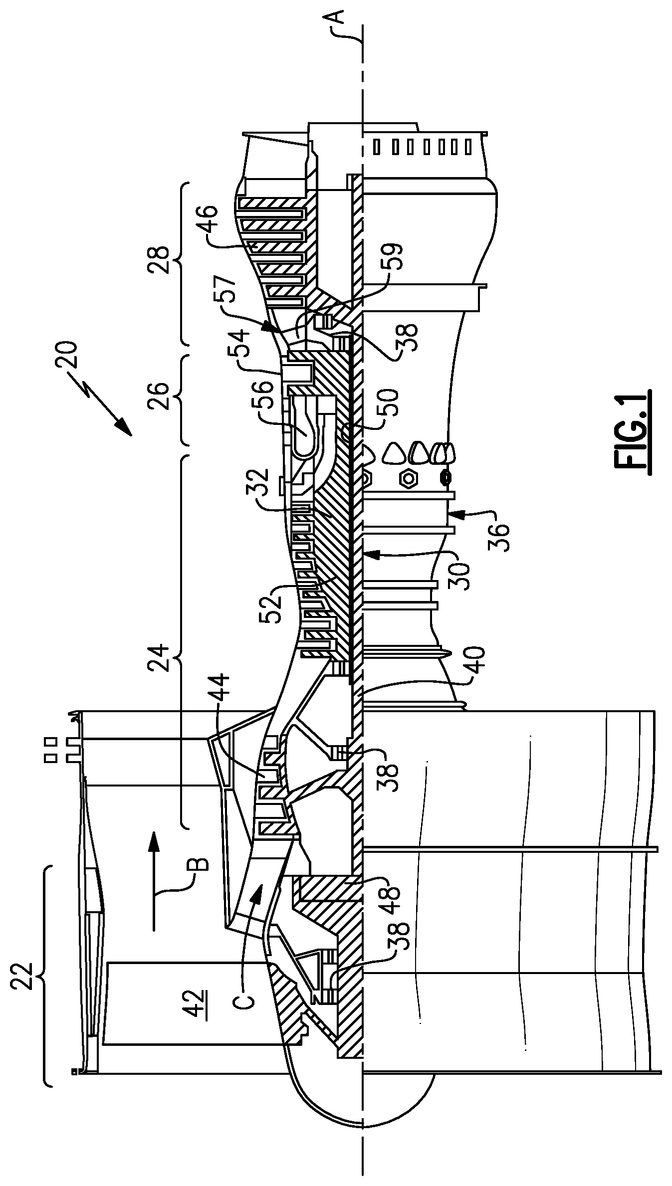Patent US11781505 — Low pressure ratio fan engine having a dimensional relationship between inlet and fan size — Figure 1