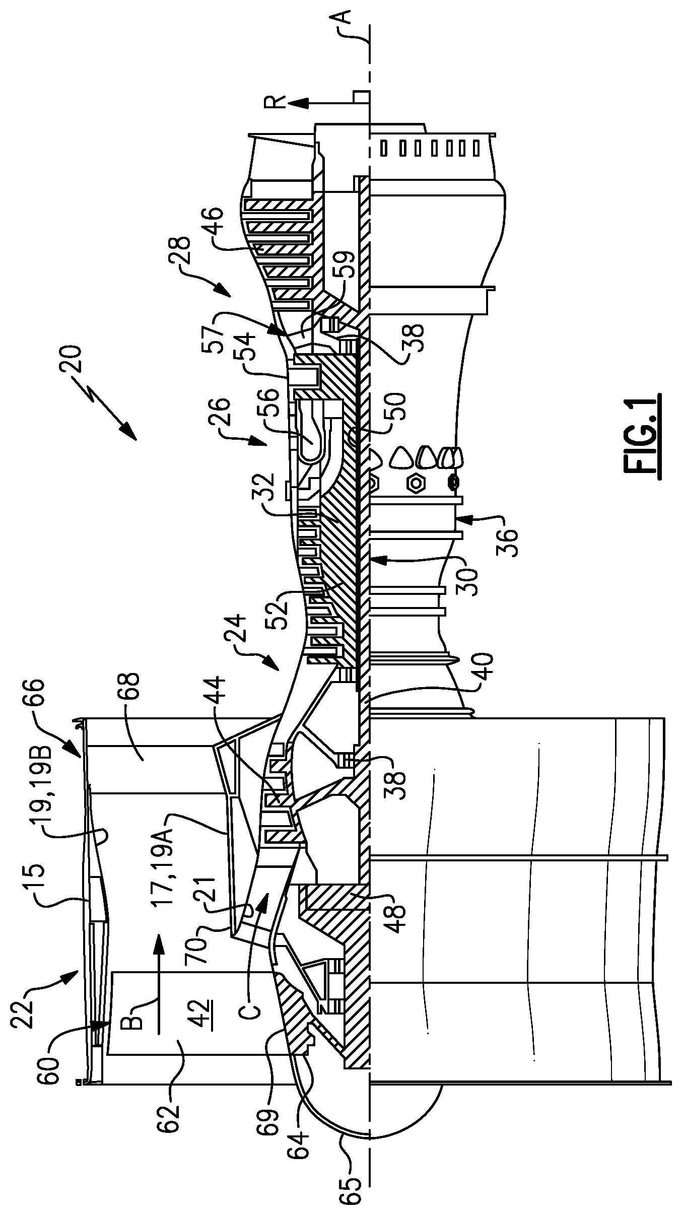 Patent US11781506 — Splitter and guide vane arrangement for gas turbine engines — Figure 1