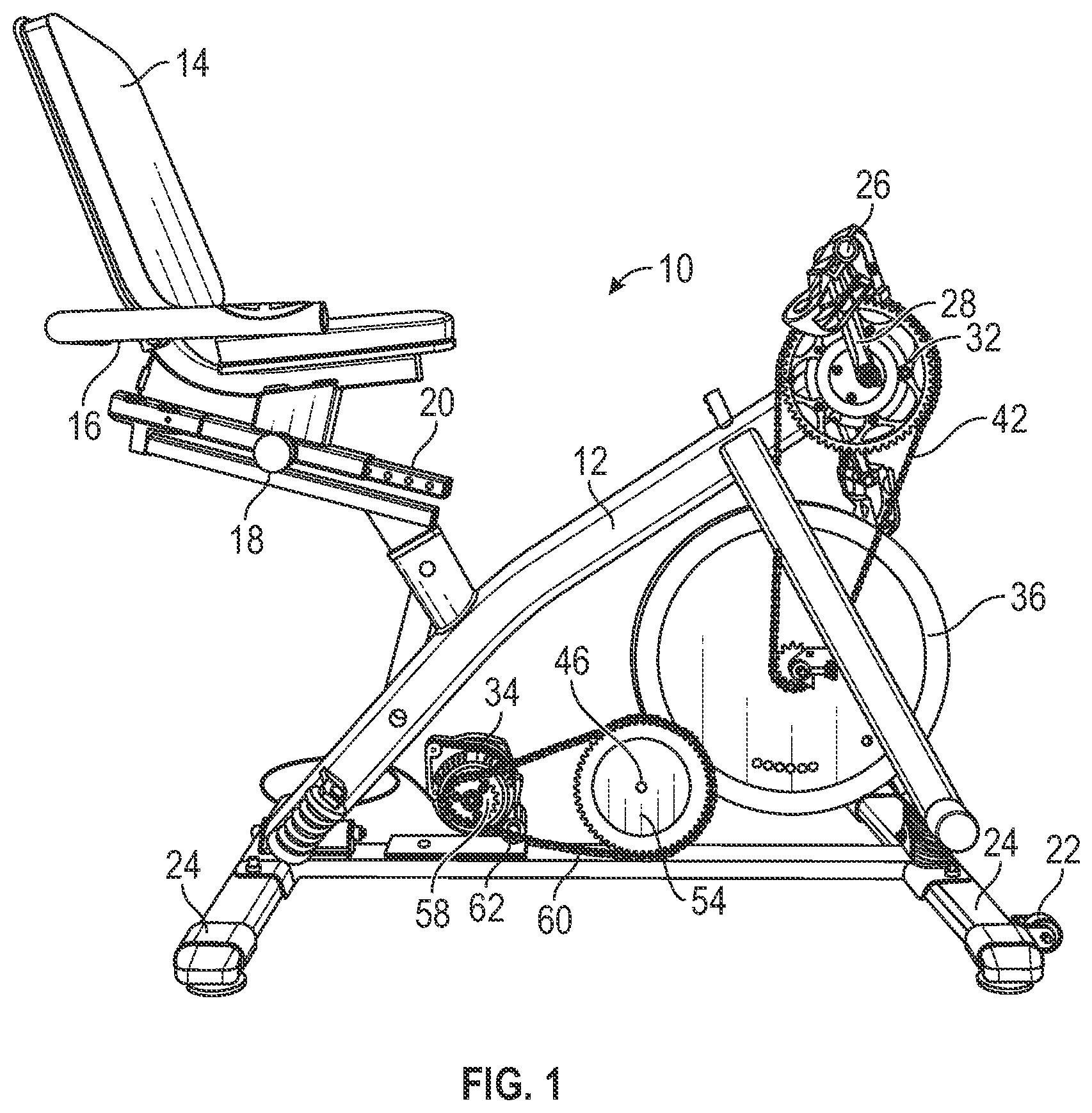Patent US11781531 Figure 1 – Recumbent bicycle-powered generator using an alternator, flywheel and sprocket and chain system