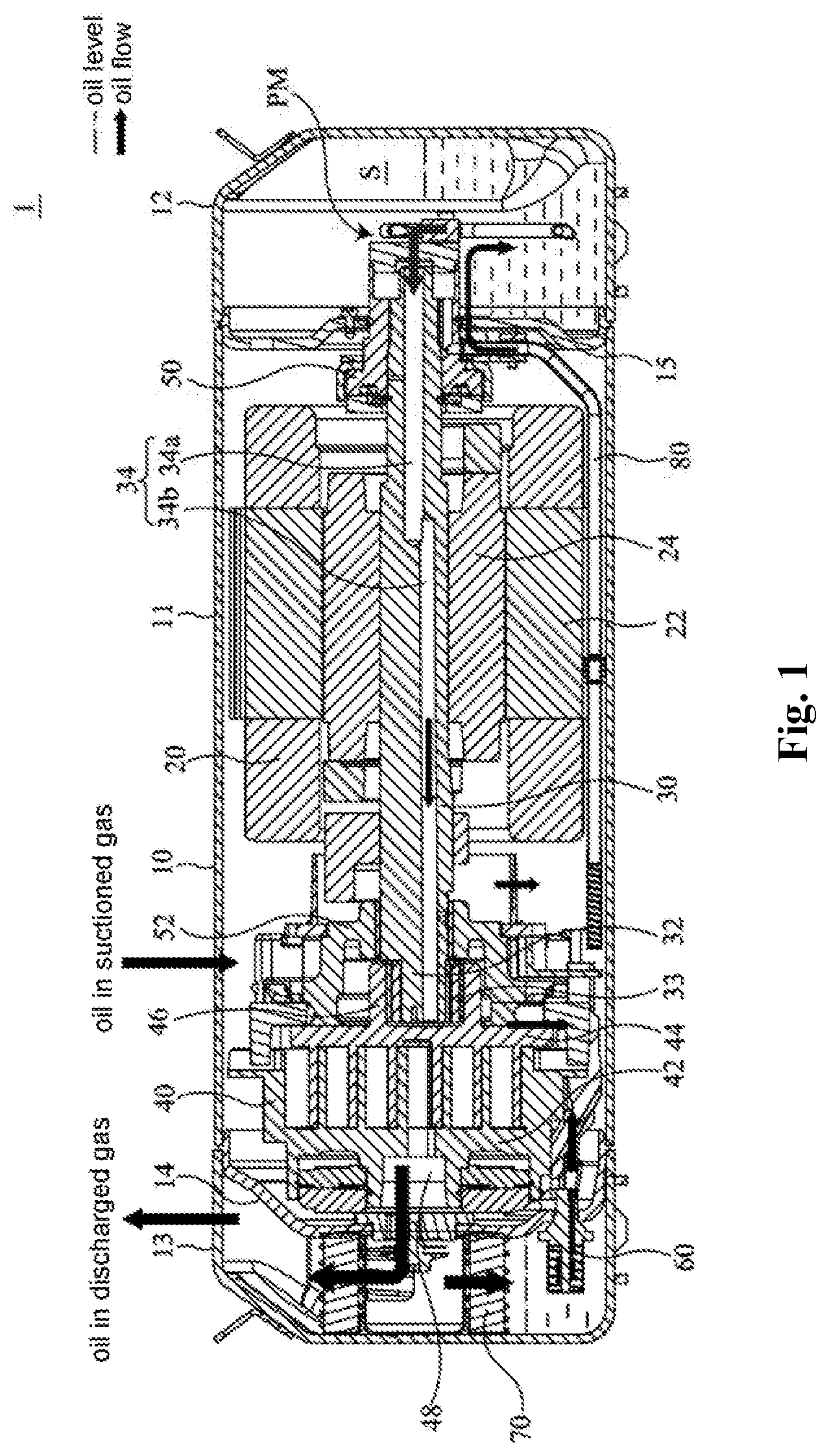 Patent US11781548 — Oil separation apparatus and horizontal compressor — Figure 1