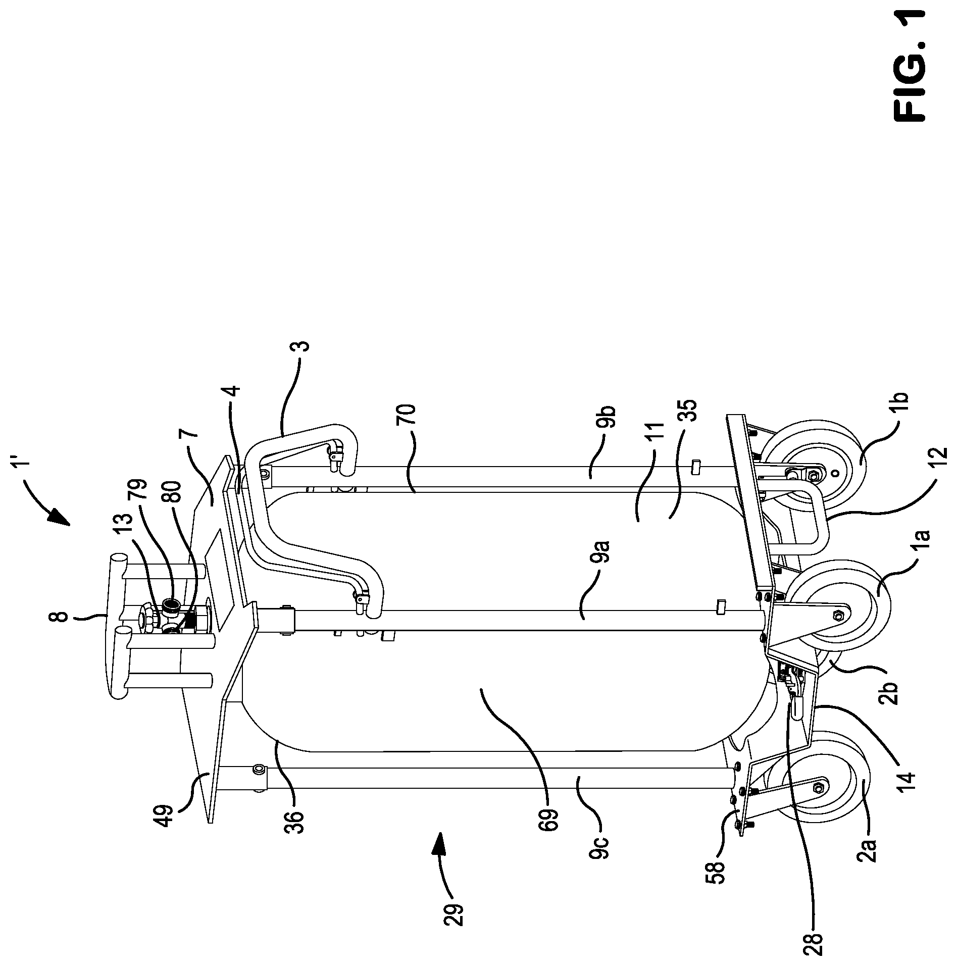 Patent US11781713 Figure 1 – Mobile support assembly for holding and transporting a container