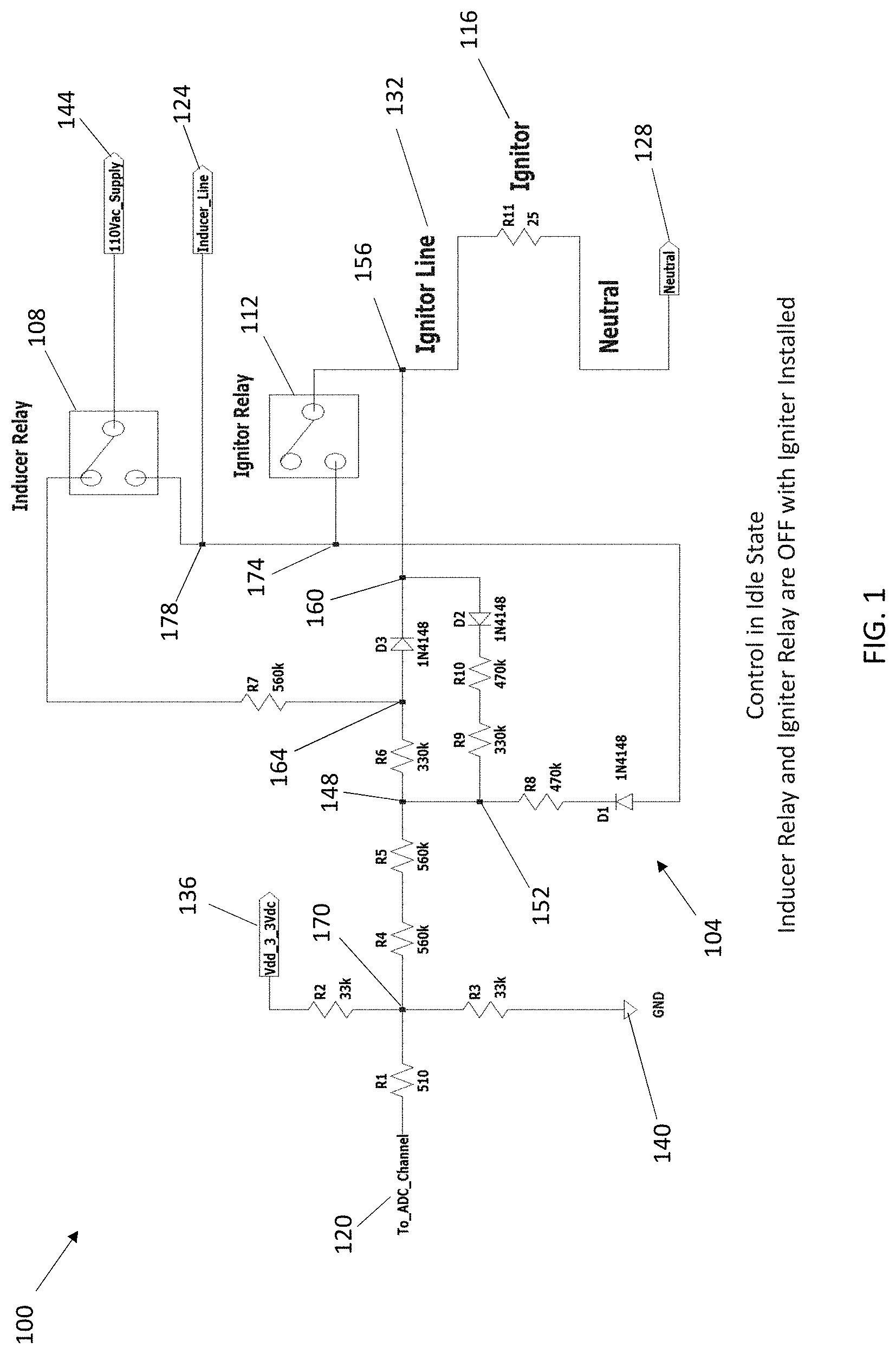 Patent US11781752 — Using diode rectification to determine igniter, inducer relay, and igniter relay faults — Figure 1