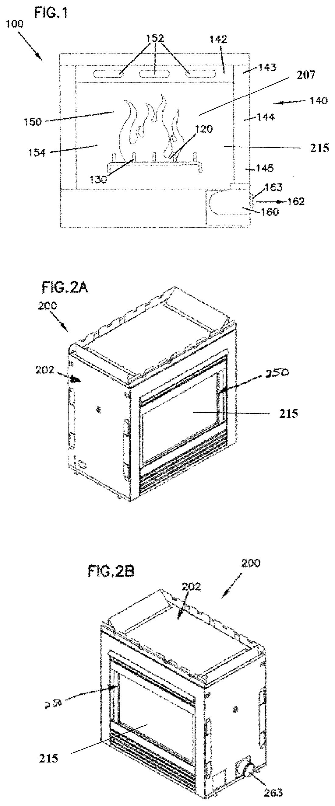 Patent US11781755 — Fireplace with controllable and image-bearing rear wall — Figure 1