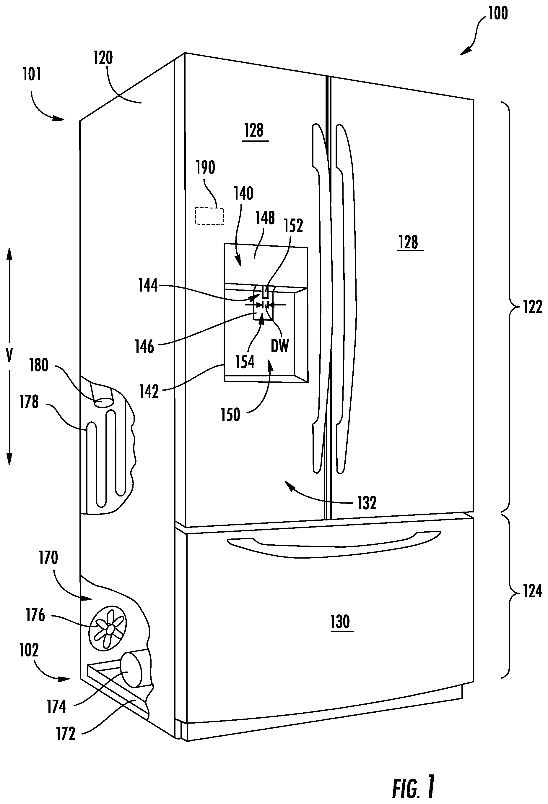 Patent US11781804 — Refrigerator appliance having a chilled dispensing assembly — Figure 1