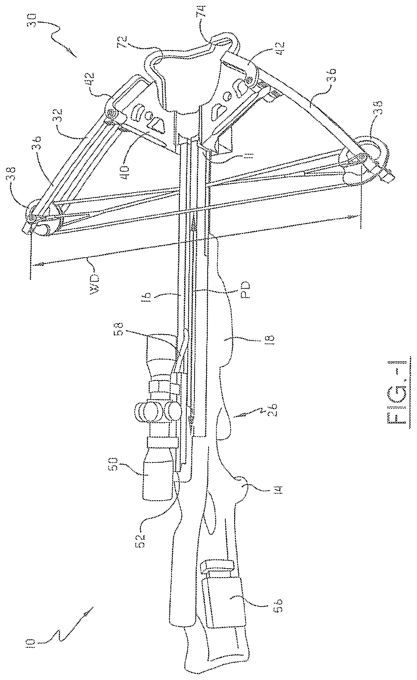 Patent US11781829 — Narrow crossbow with large power stroke — Figure 1