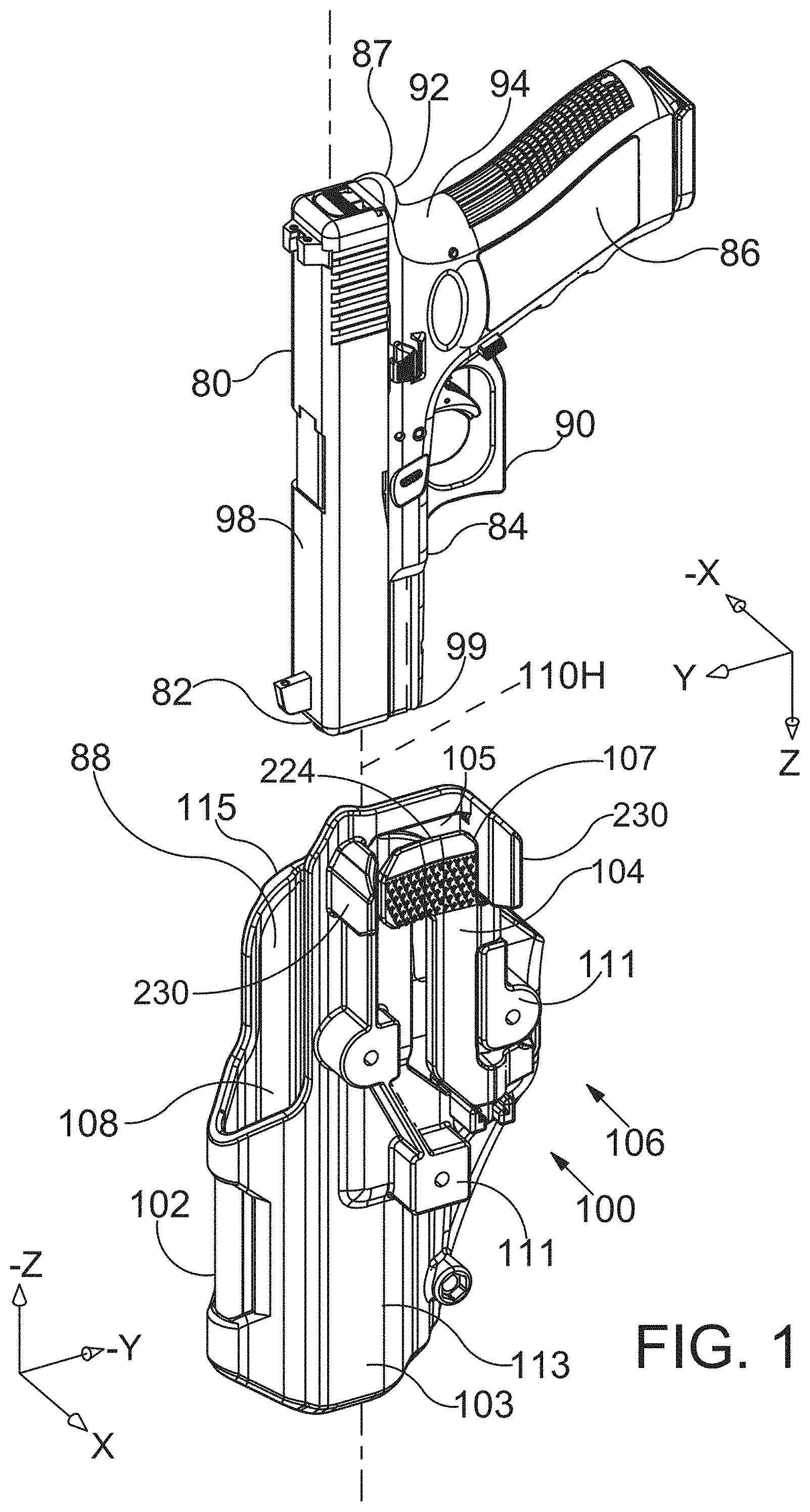 Patent US11781831 Figure 1 – Thumb-actuated locking holster system