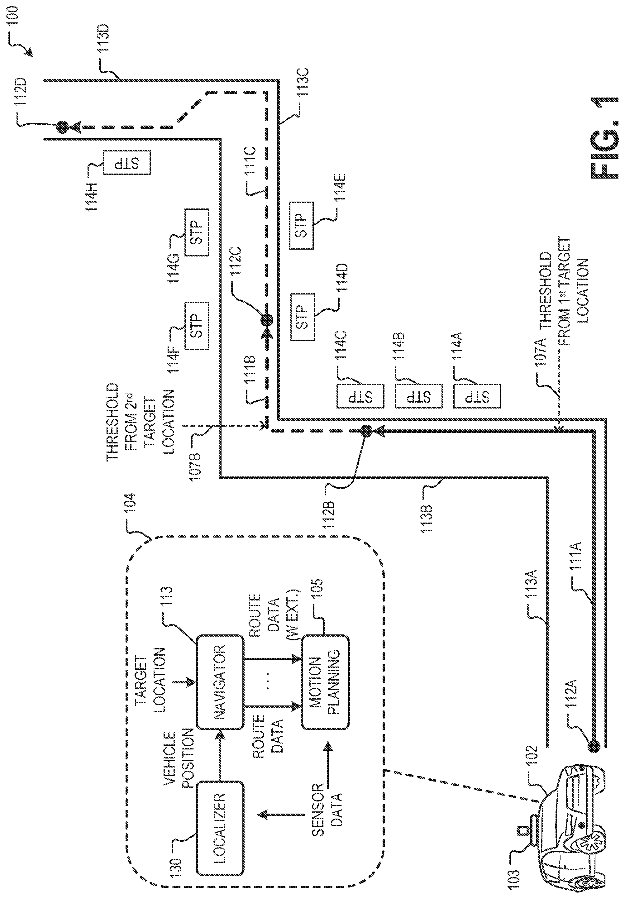 Patent US11781872 — Autonomous vehicle routing with route extension — Figure 1