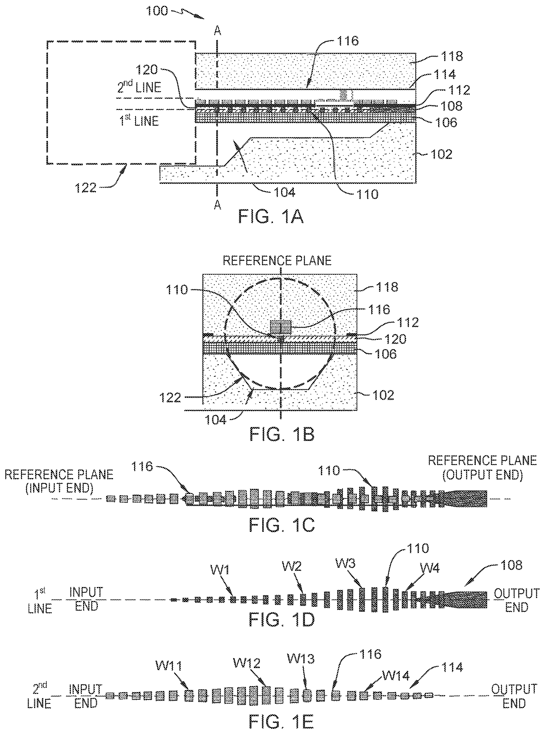 Patent US11782214 Figure 1 – Optical fiber coupler having hybrid tapered waveguide segments and metamaterial segments