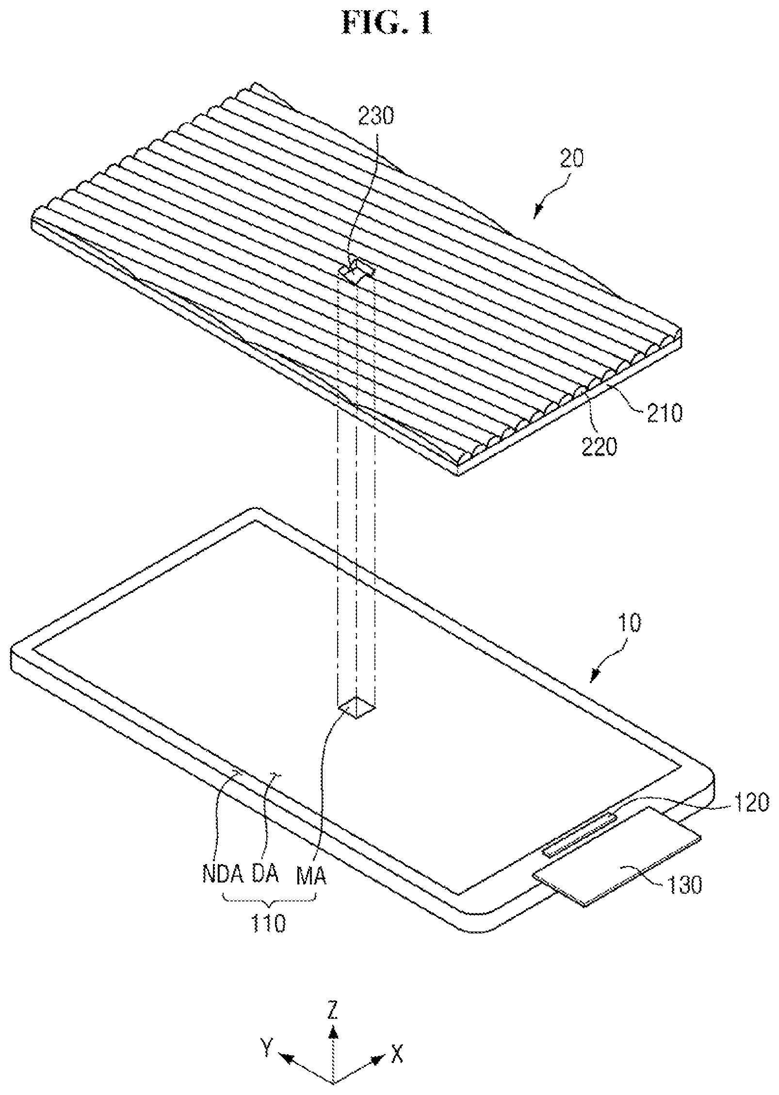 Patent US11782289 — Display device and panel bonding system including the same — Figure 1