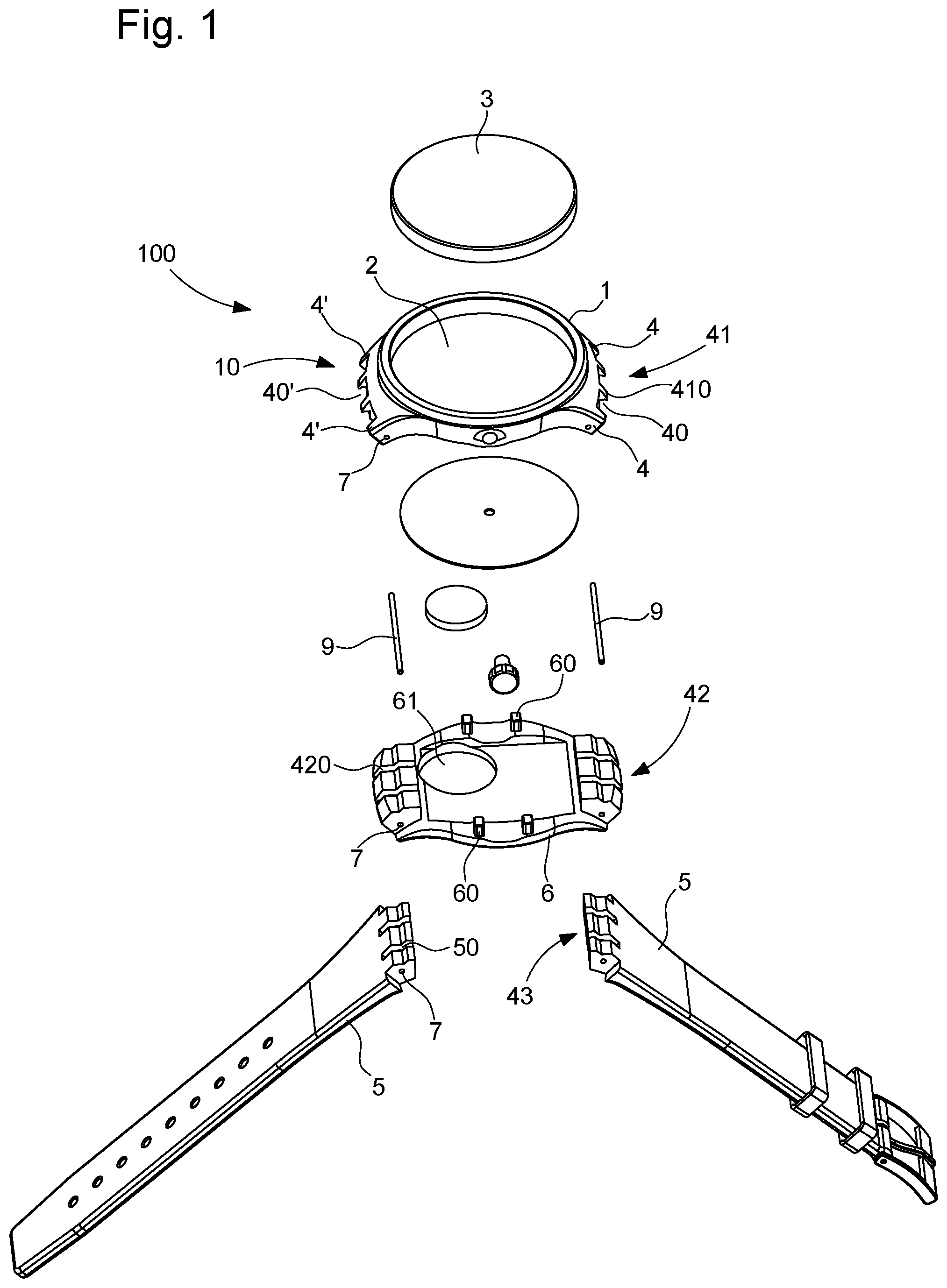 Patent US11782390 — Watch case equipped with an exterior element — Figure 1