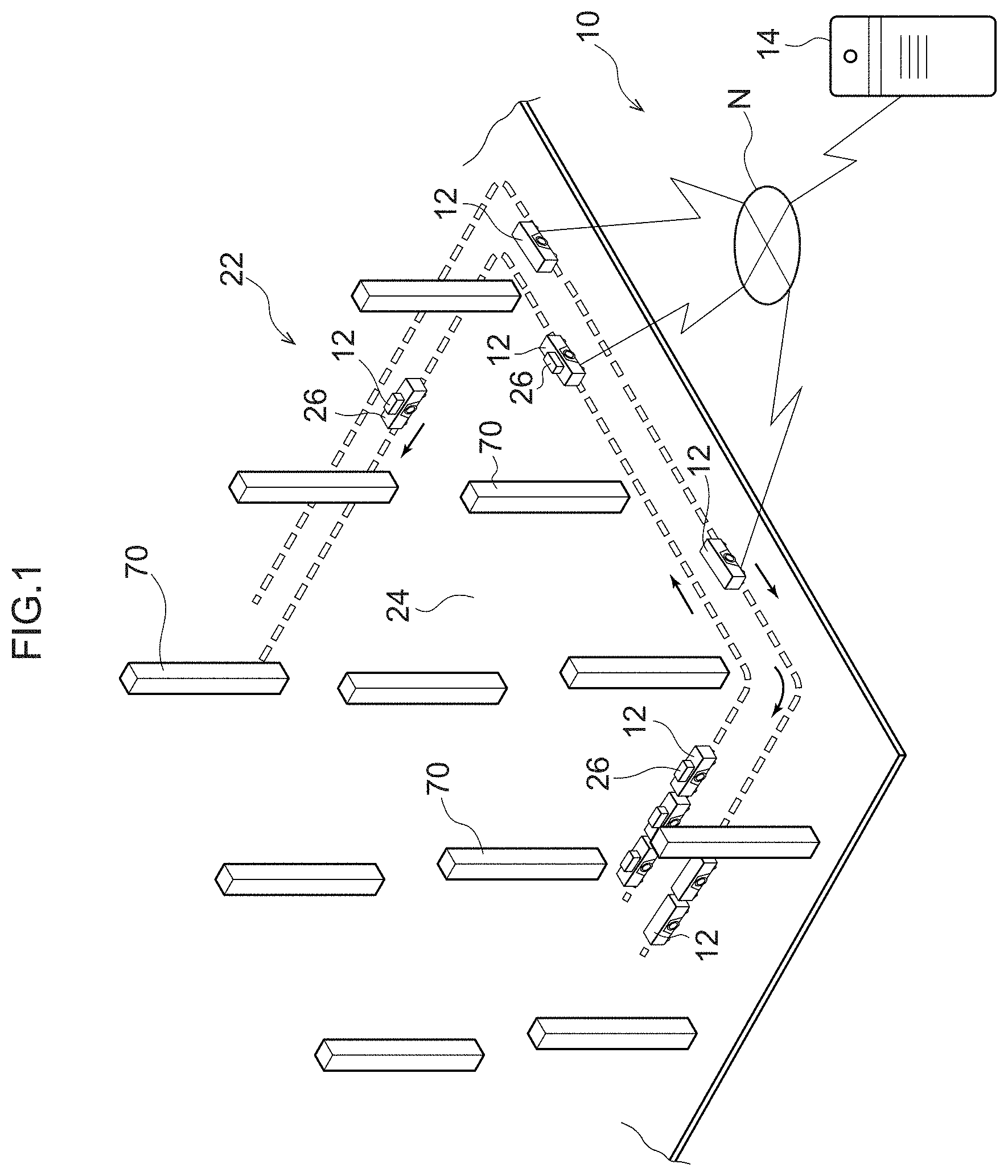 Patent US11782454 — Unmanned conveying system — Figure 1