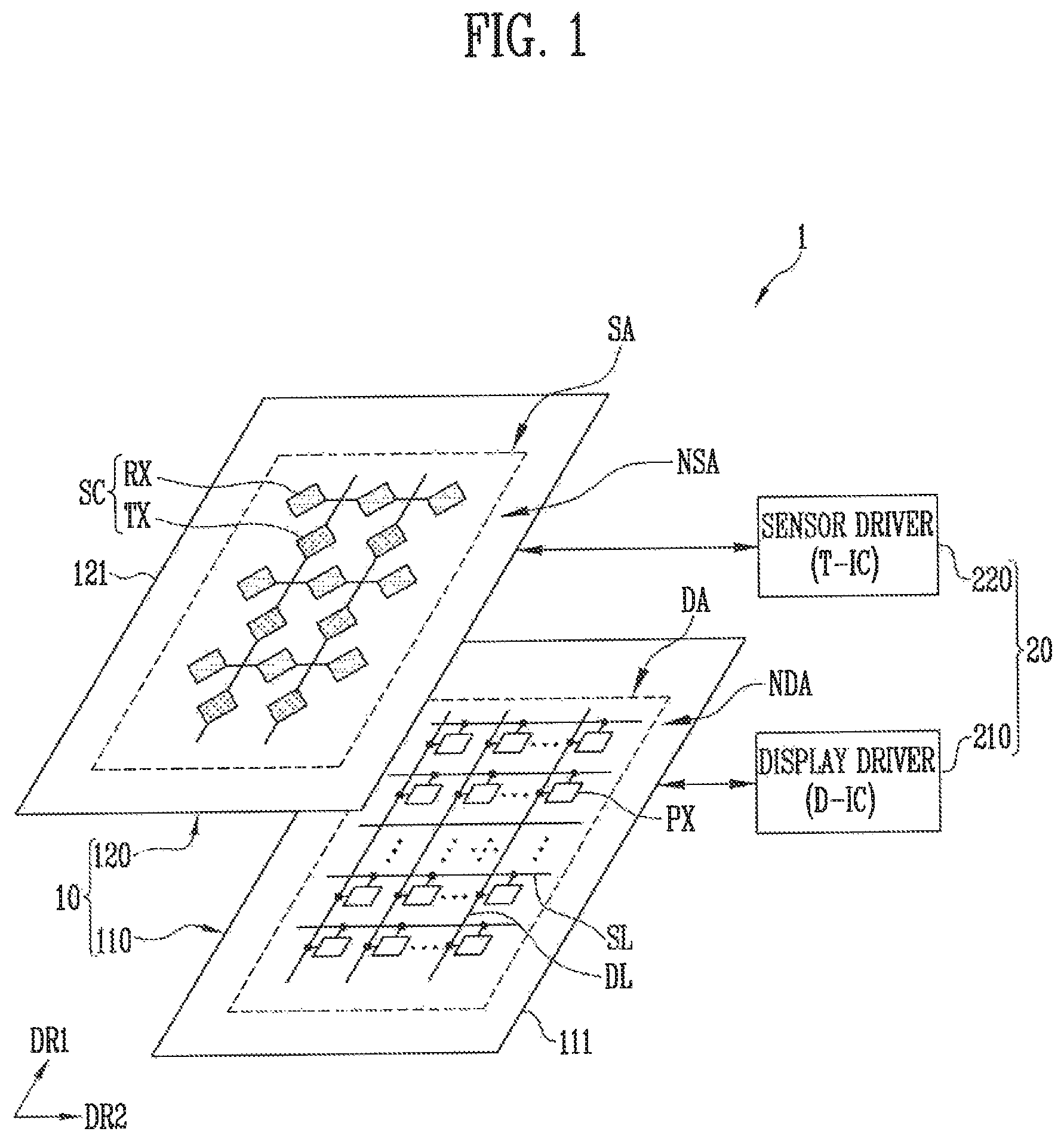 Patent US11782553 — Display device having different modes for transmitting a sensing signal in an area and a driving method thereof — Figure 1