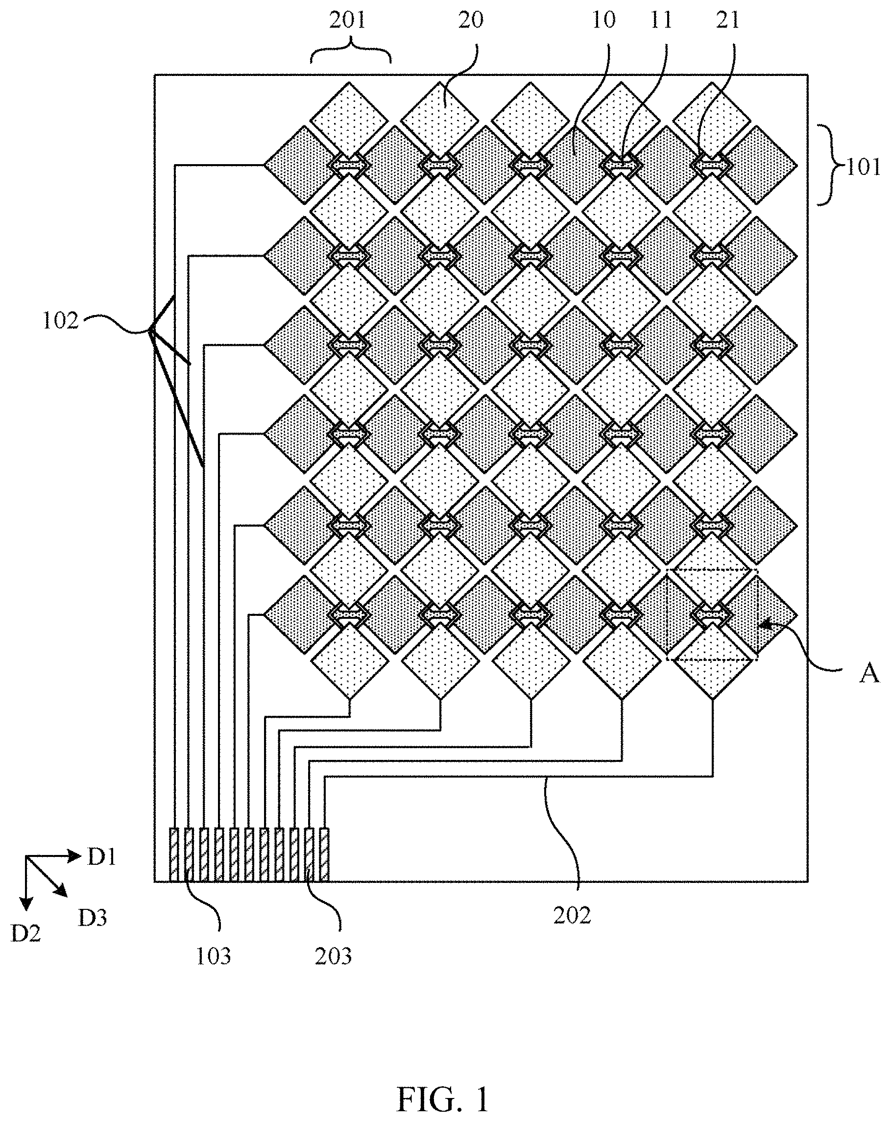 Patent US11782561 — Display panel, touch control structure and display device — Figure 1