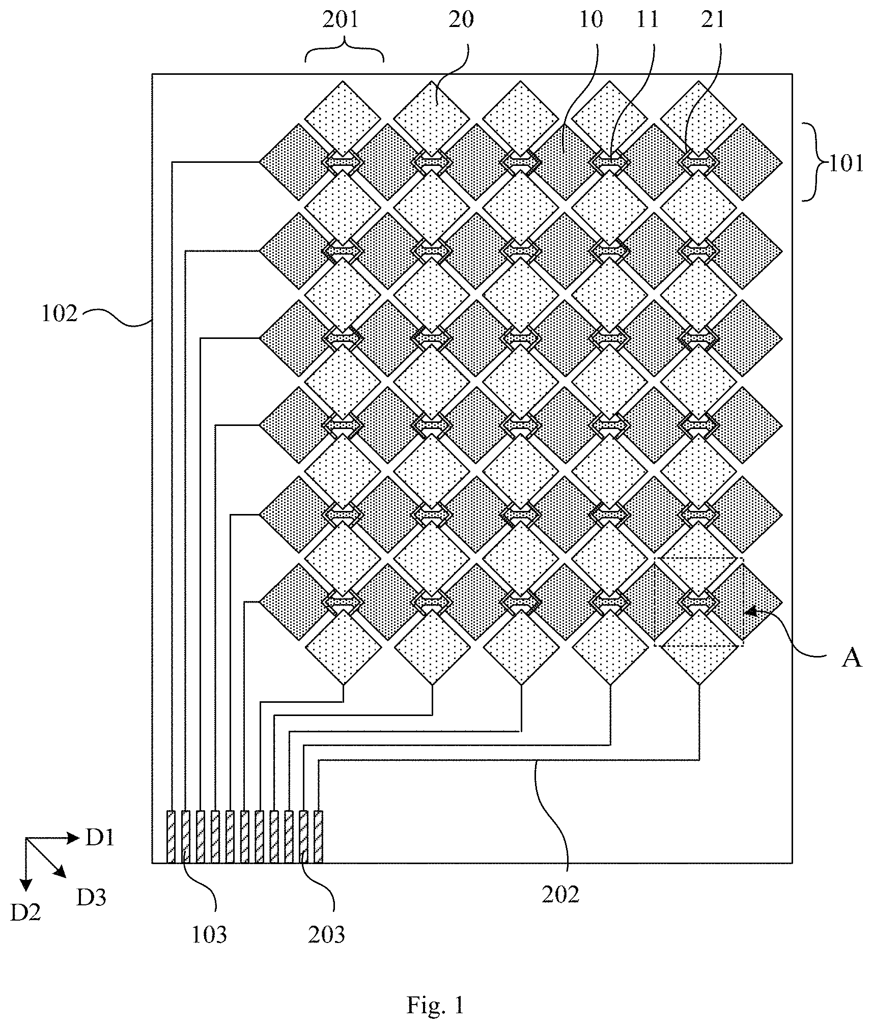 Patent US11782563 Figure 1 – Touch substrate and display device