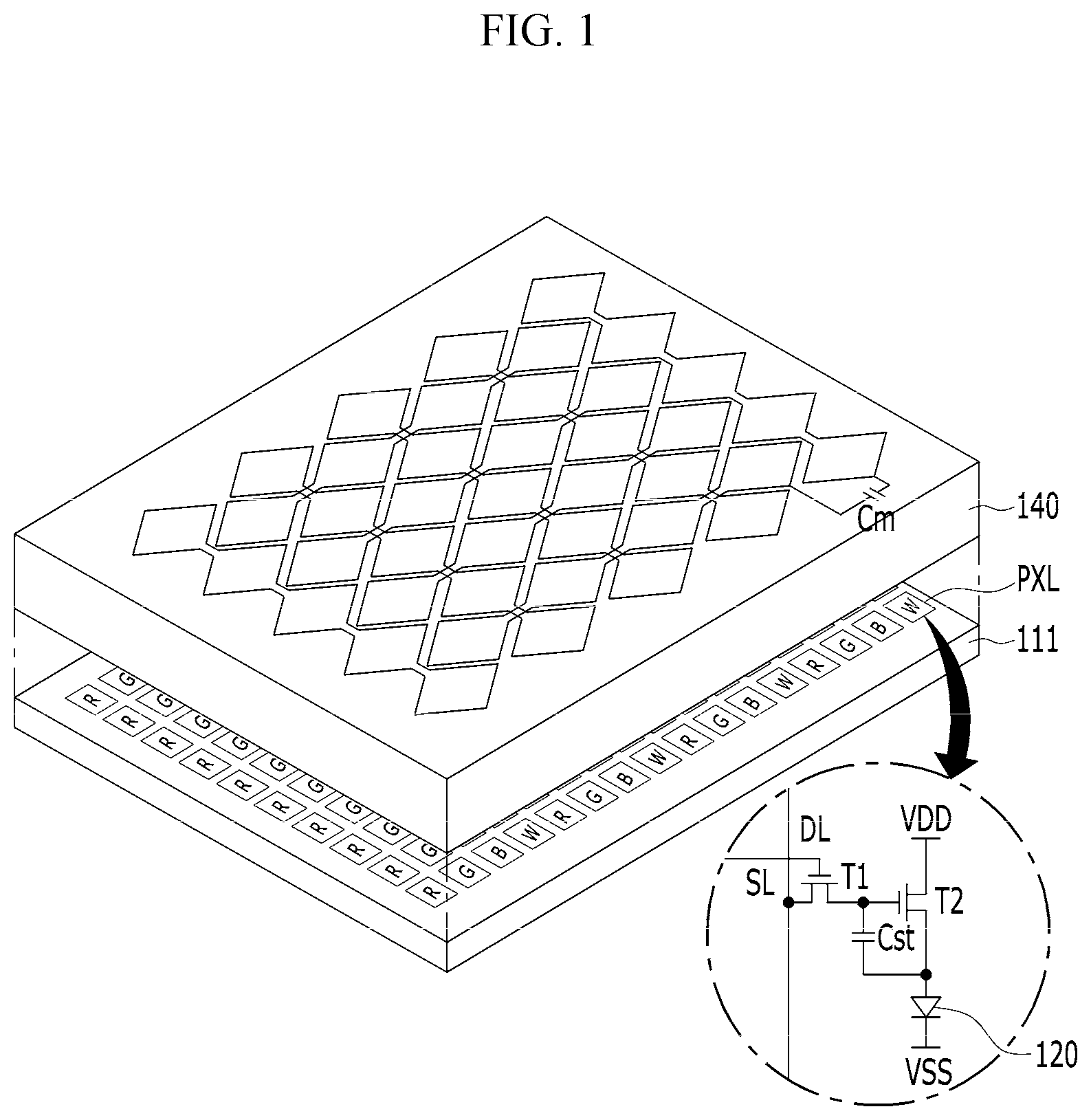 Patent US11782565 — Display device having one or more opaque conductive layers and blackened layers — Figure 1
