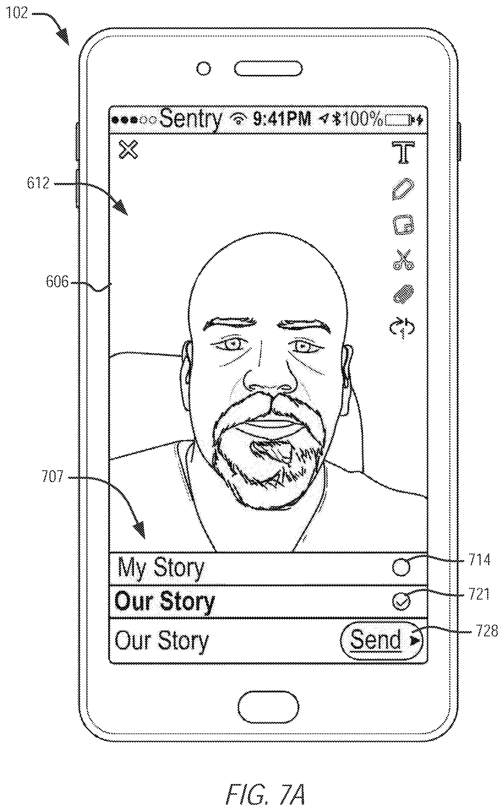 Patent US11782574 Figure 8 – Map-based graphical user interface indicating geospatial activity metrics