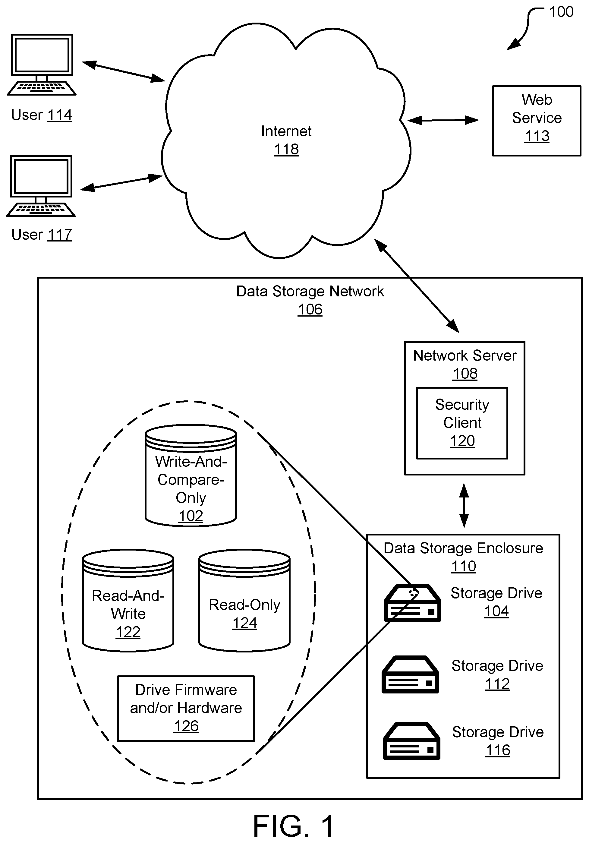 Patent US11782610 — Write and compare only data storage — Figure 1