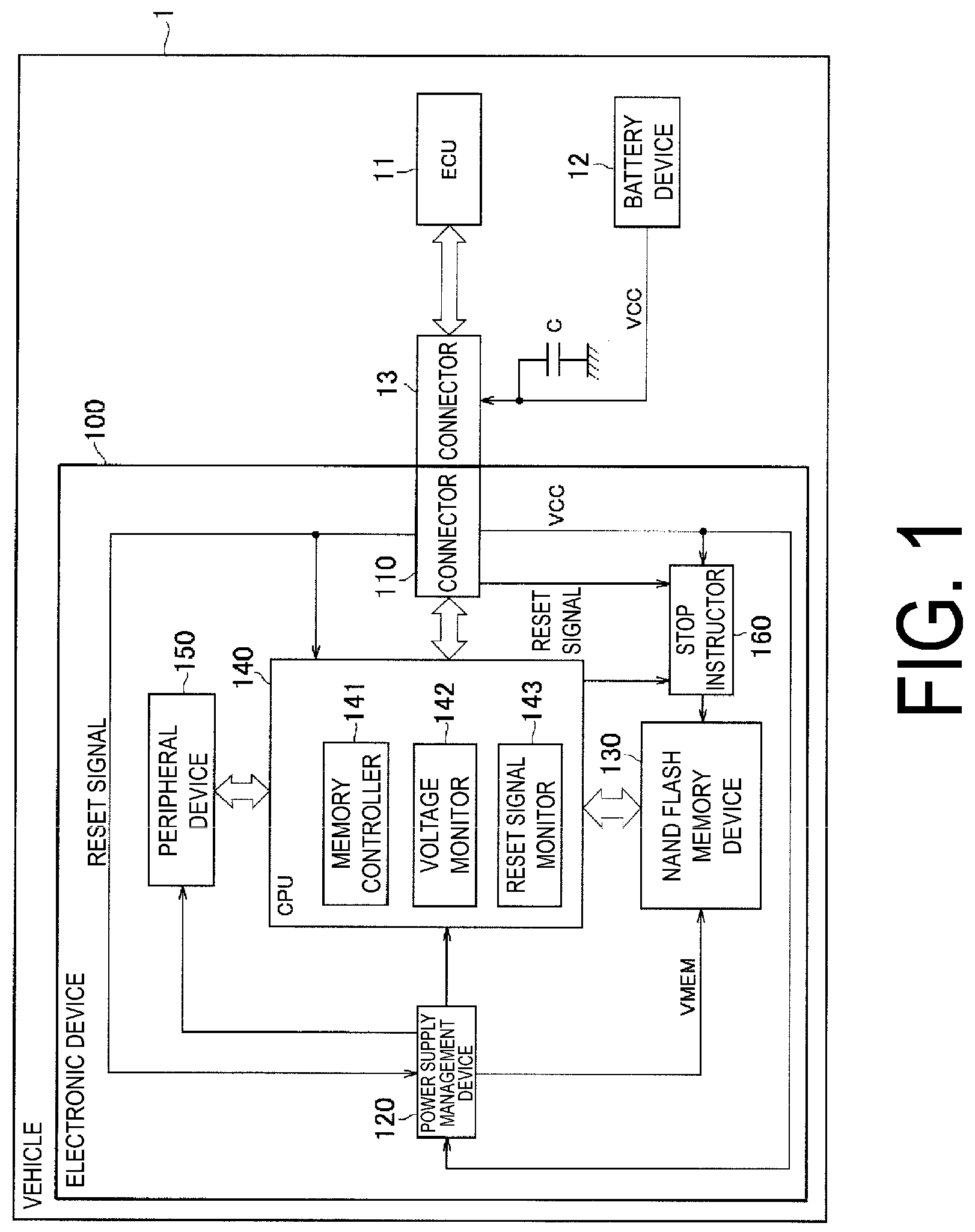 Patent US11782827 — Electronic device, vehicle, and control method for controlling a non-volatile memory based on a detected voltage drop — Figure 1