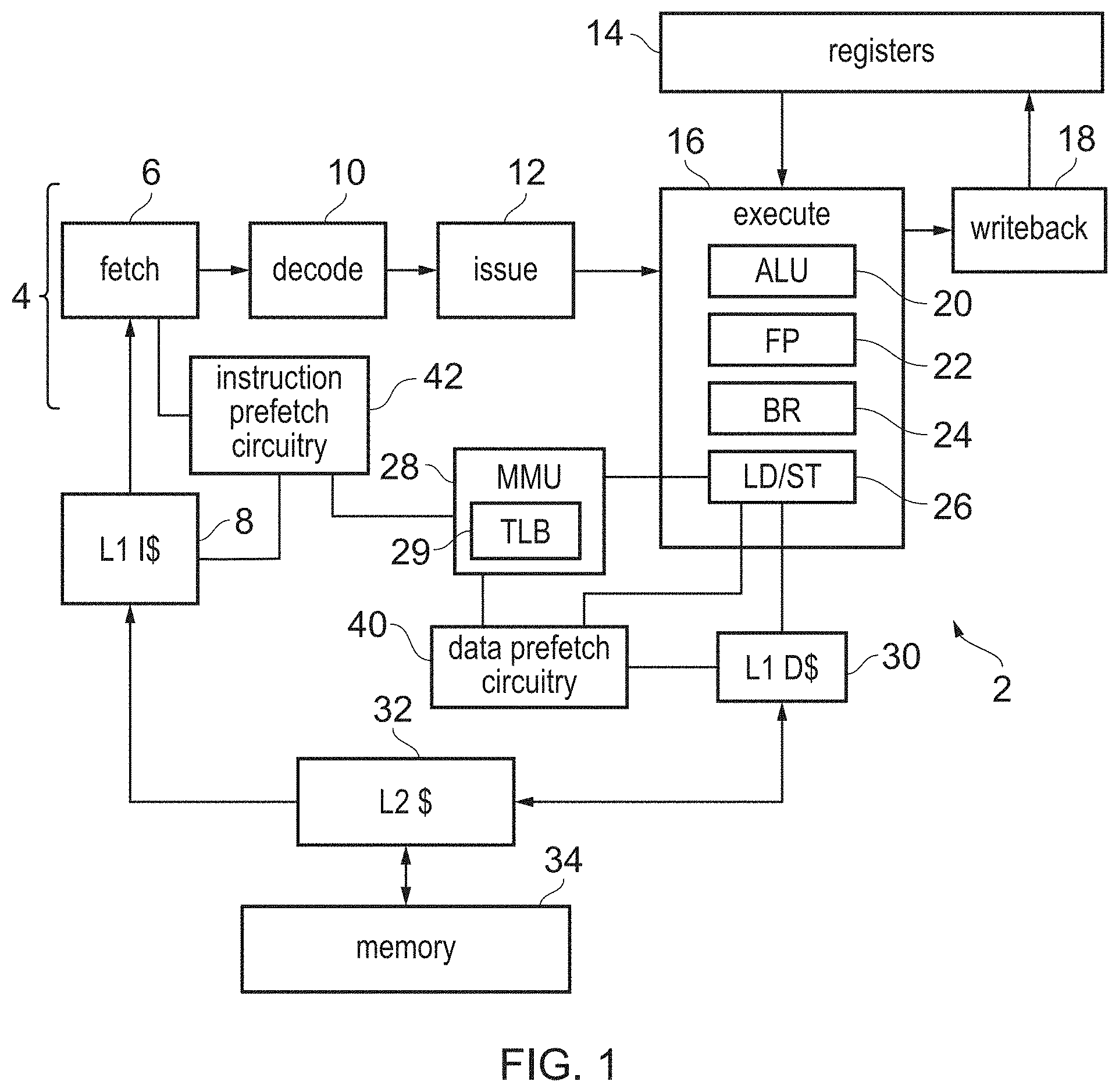 Patent US11782845 — Faulting address prediction for prefetch target address — Figure 1