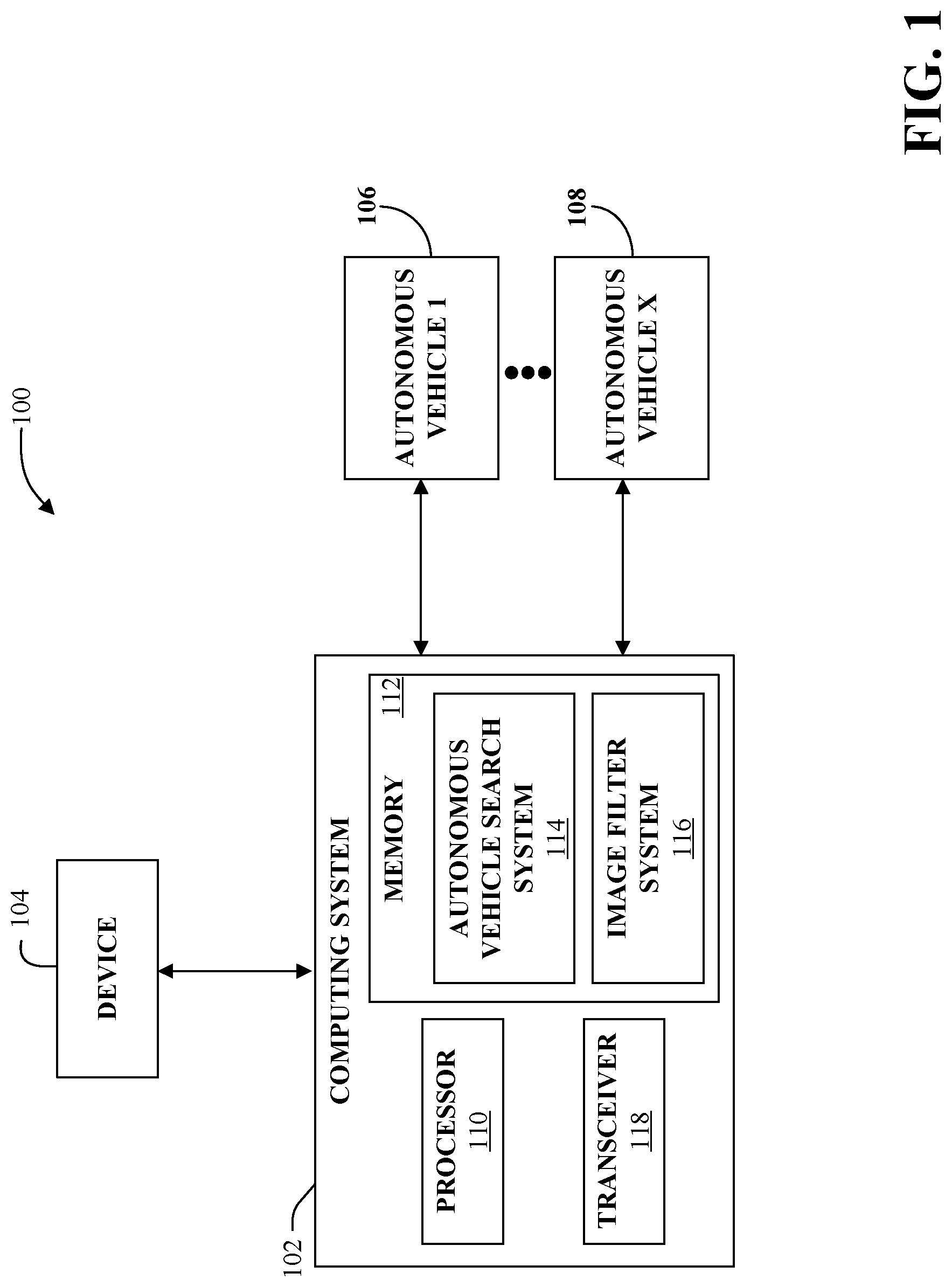 Patent US11782969 — Object search service employing an autonomous vehicle fleet — Figure 1