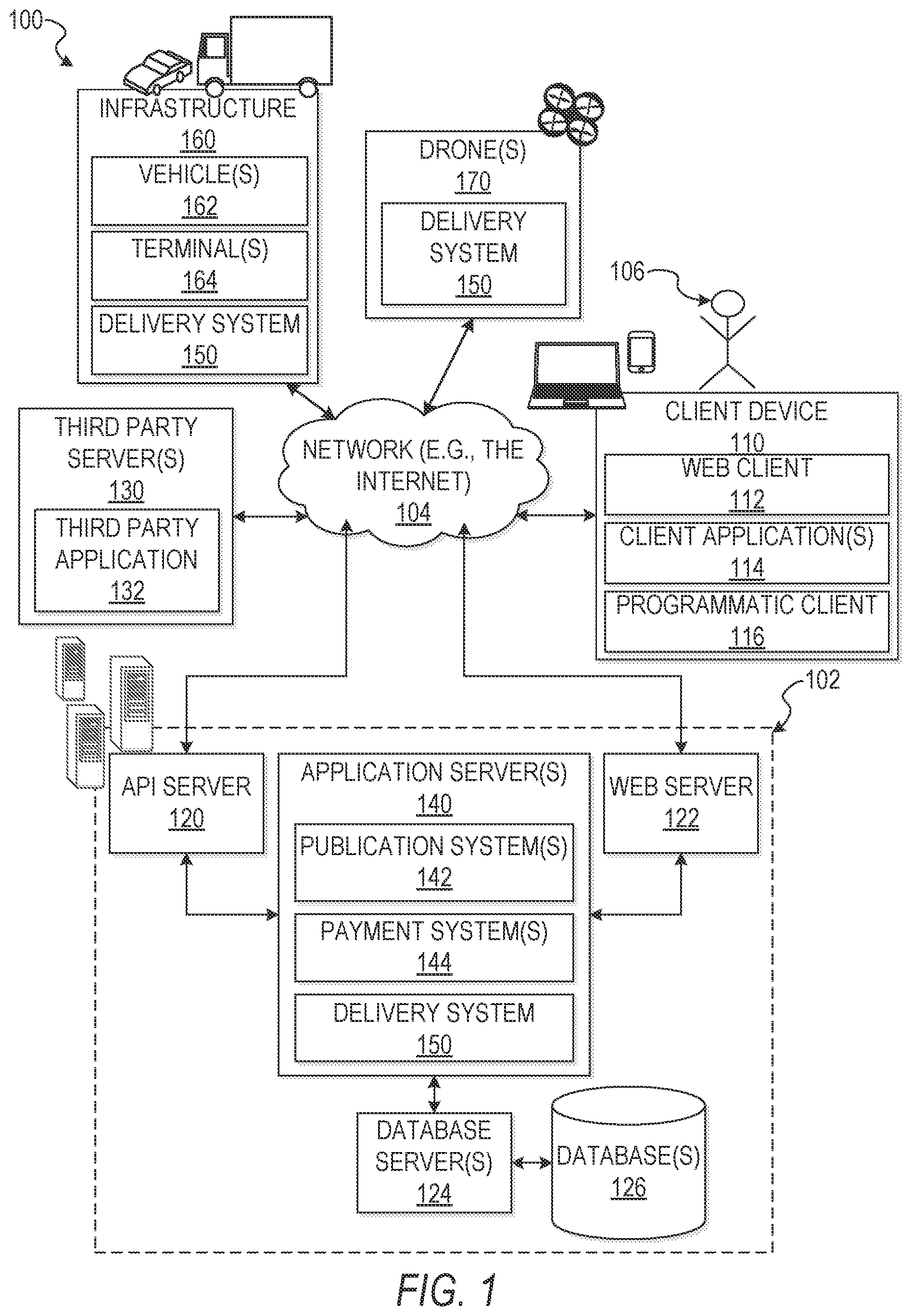 Patent US11783283 — Public transport infrastructure facilitated drone delivery — Figure 1