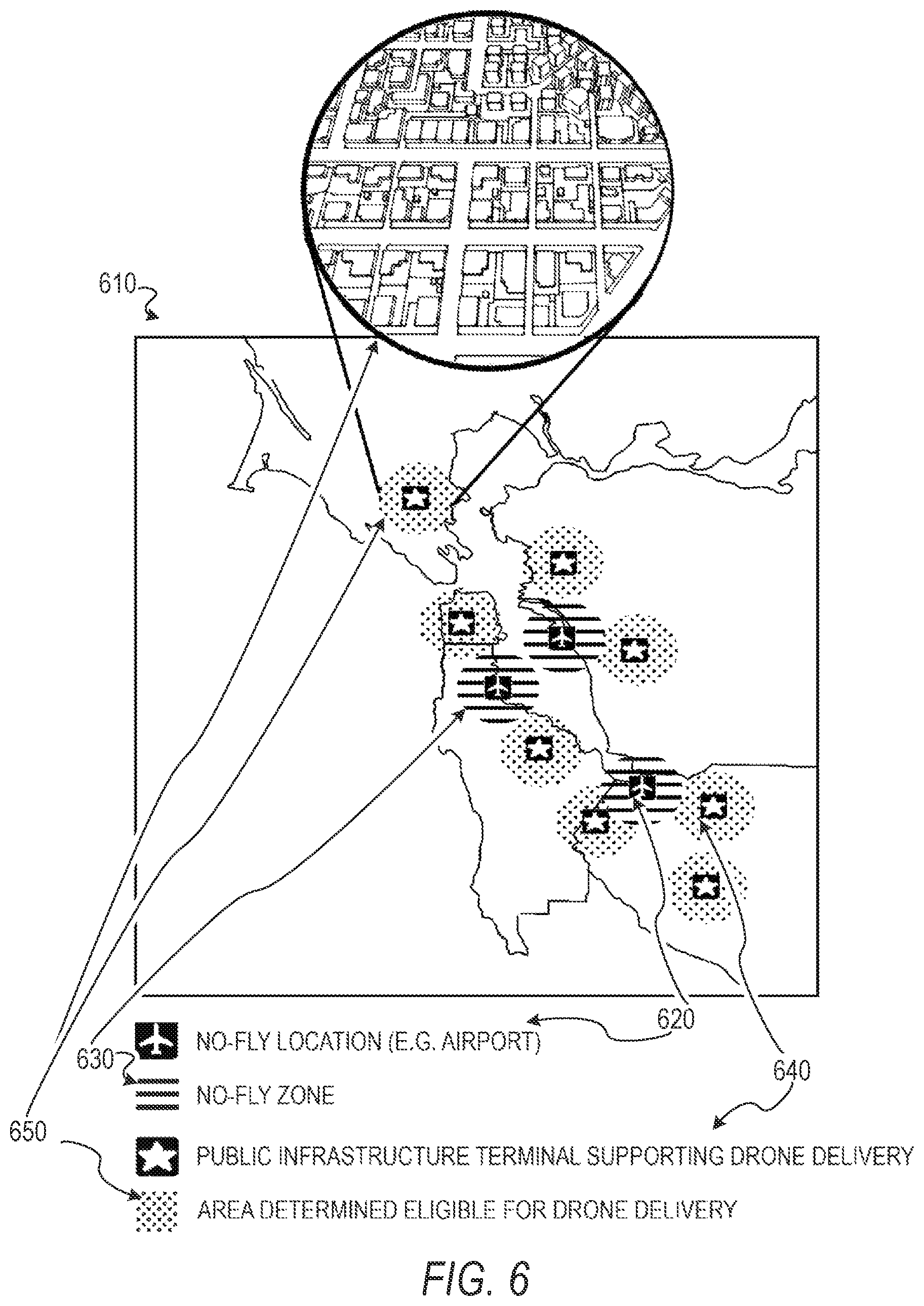 Patent US11783283 Figure 6 – Public transport infrastructure facilitated drone delivery