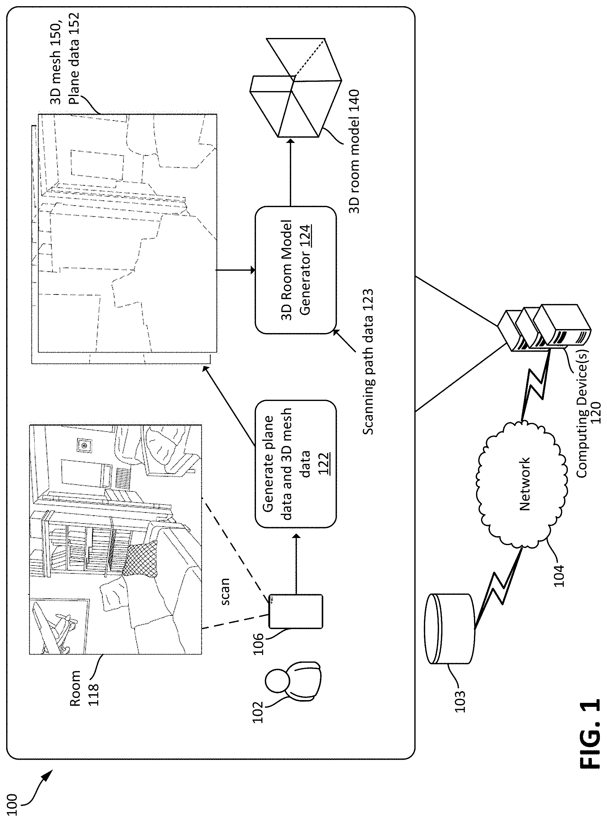 Patent US11783560 — Three-dimensional room modeling and feature annotation — Figure 1