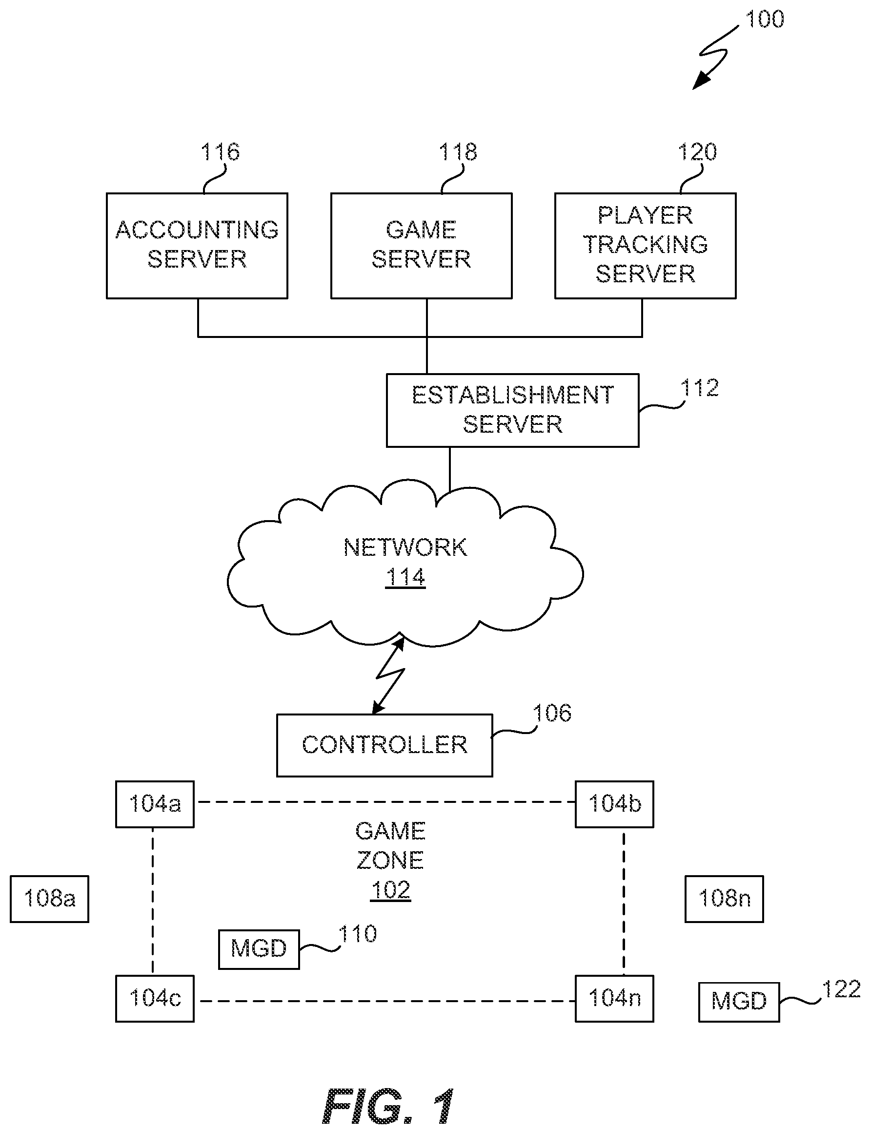 Patent US11783666 — Method and system for localized mobile gaming — Figure 1
